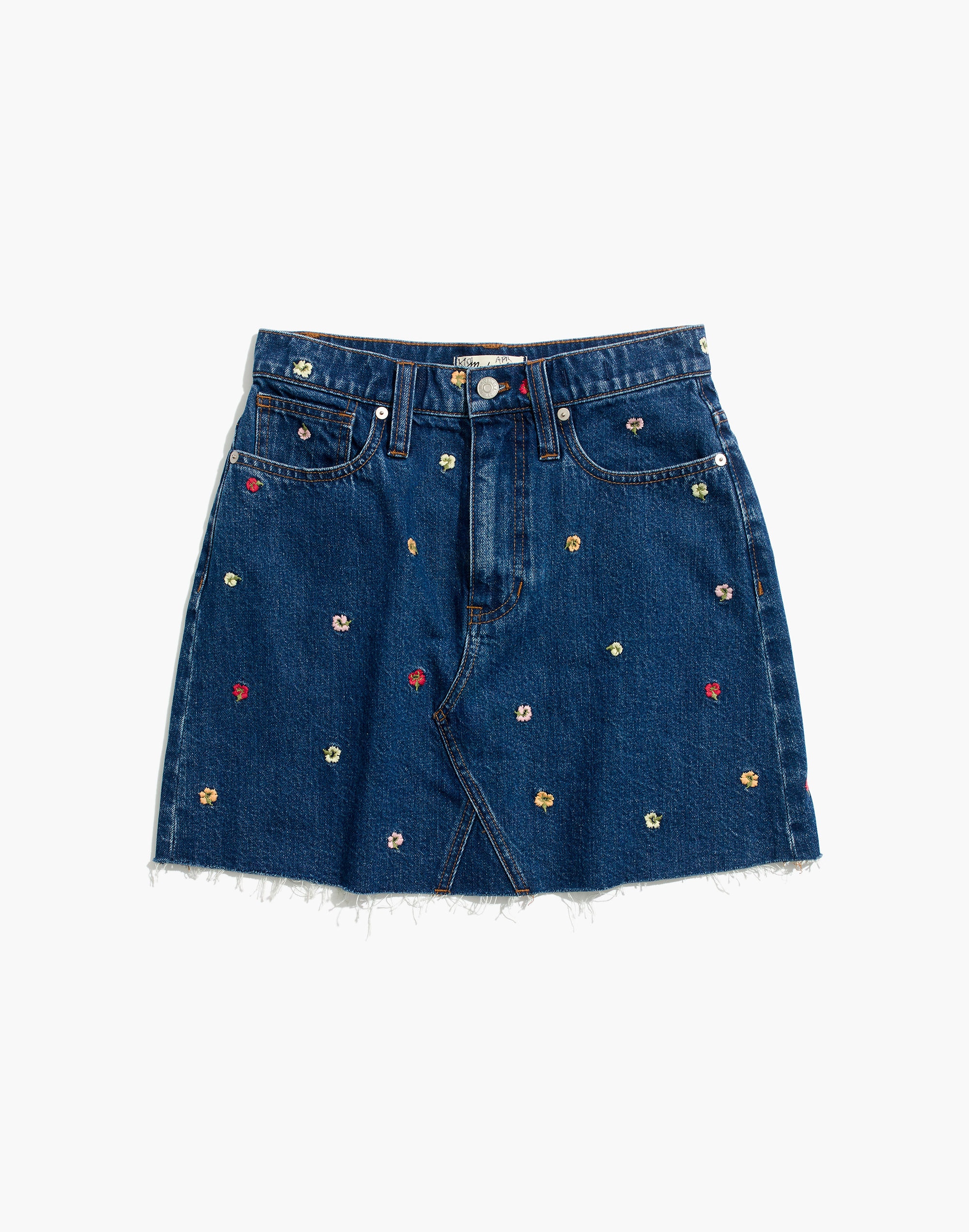 Rigid Denim A-Line Mini Skirt: Confetti Floral Embroidered Edition
