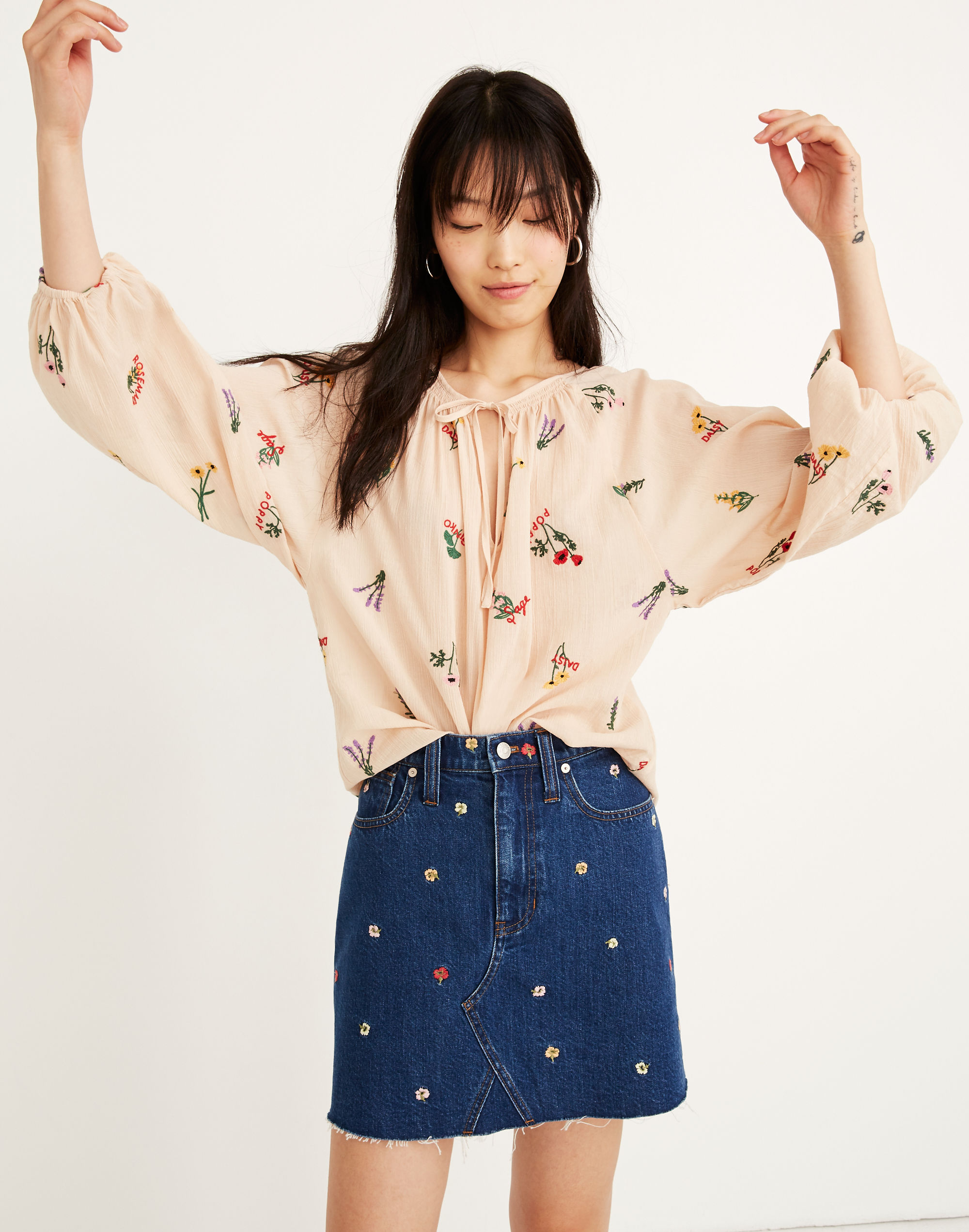 Rigid Denim A-Line Mini Skirt: Confetti Floral Embroidered Edition