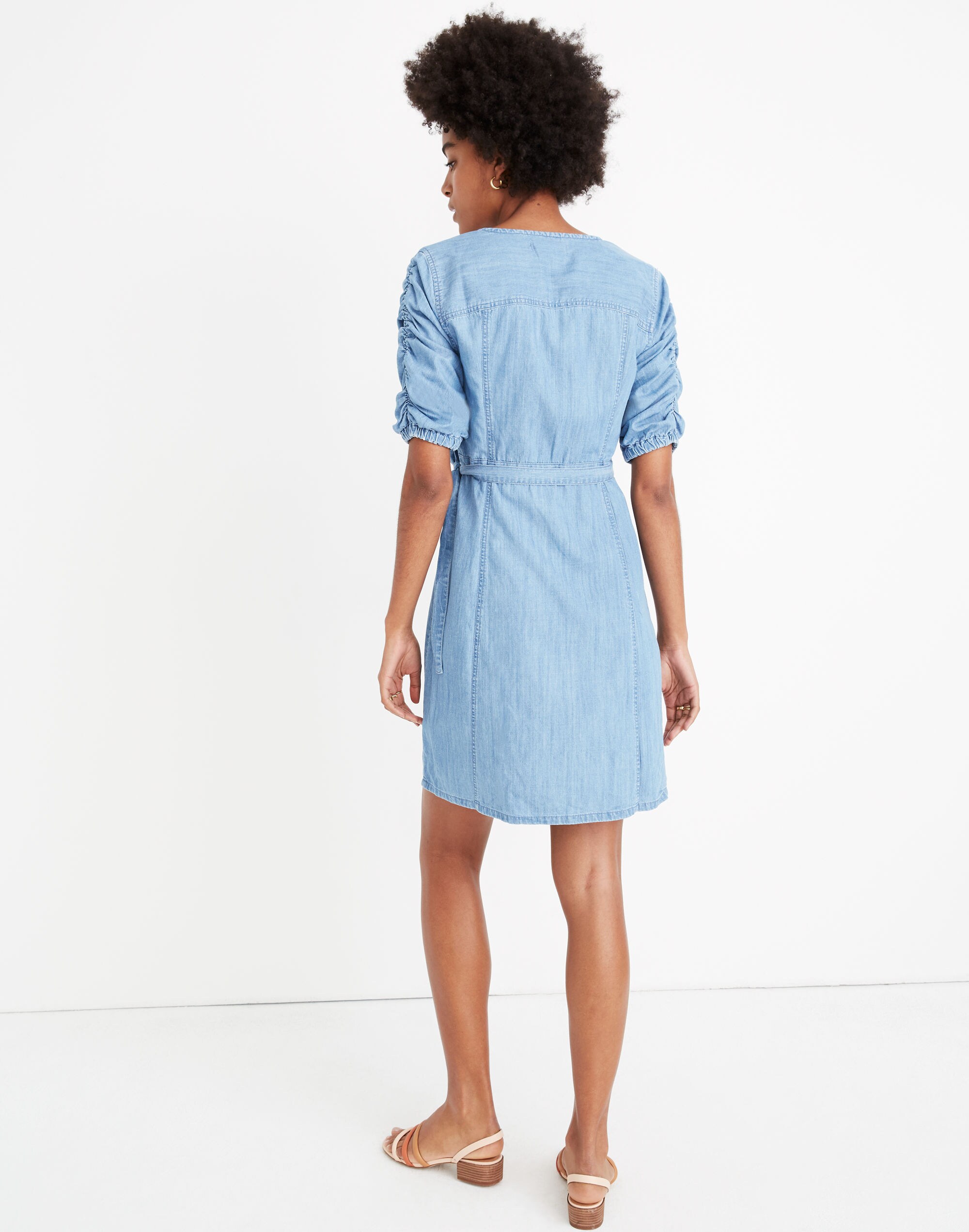 Petite Denim Shirred-Sleeve Wrap Dress in Elsworth Wash