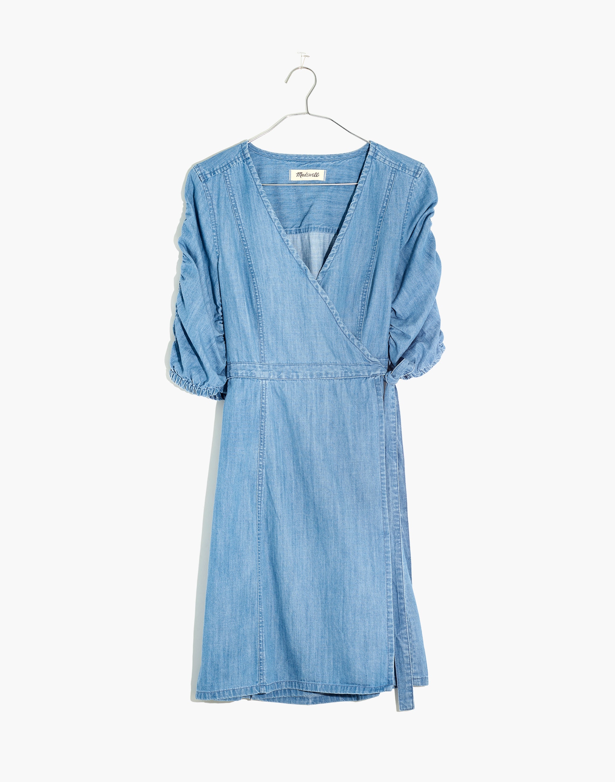 Petite Denim Shirred-Sleeve Wrap Dress in Elsworth Wash
