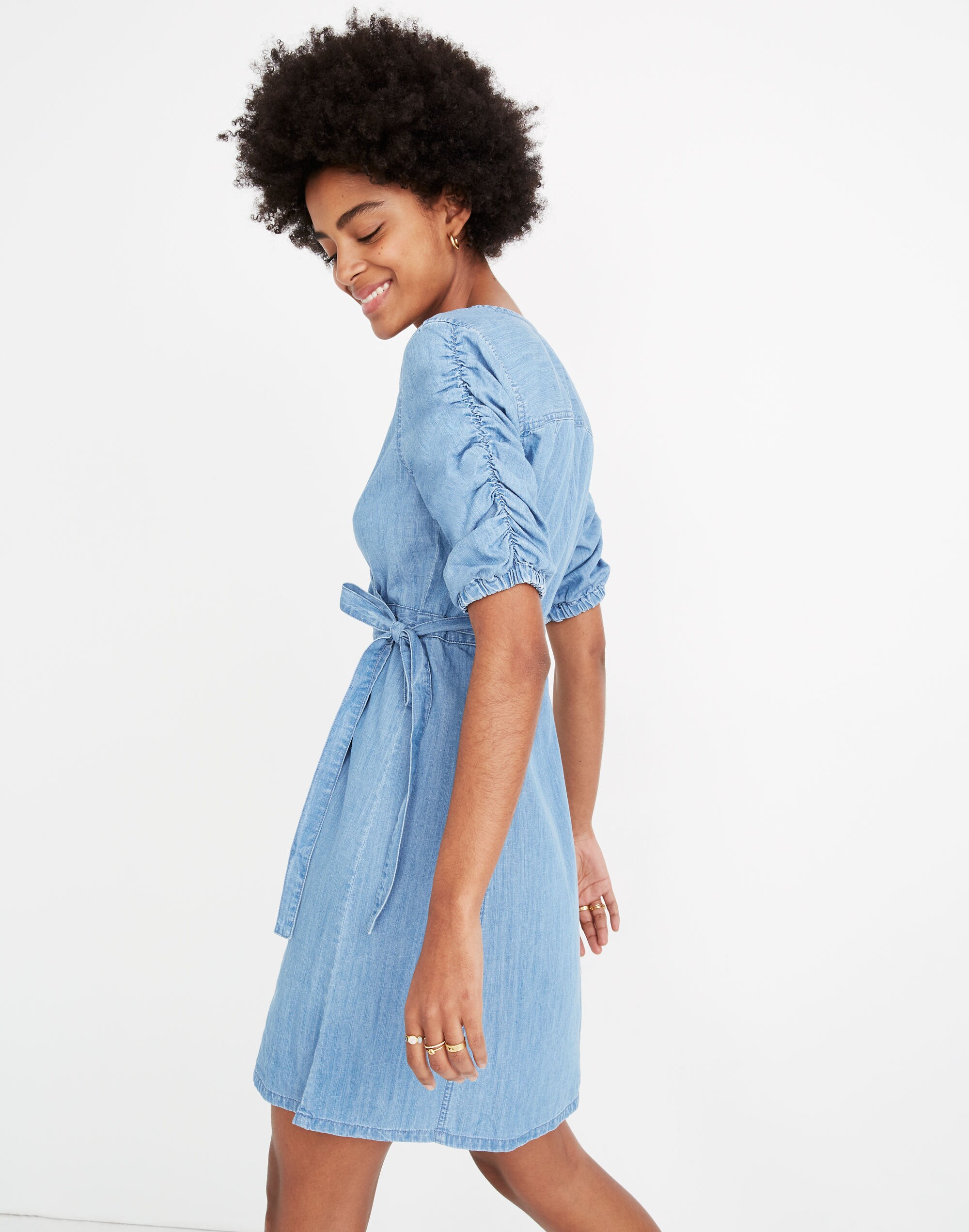 Petite Denim Shirred-Sleeve Wrap Dress in Elsworth Wash