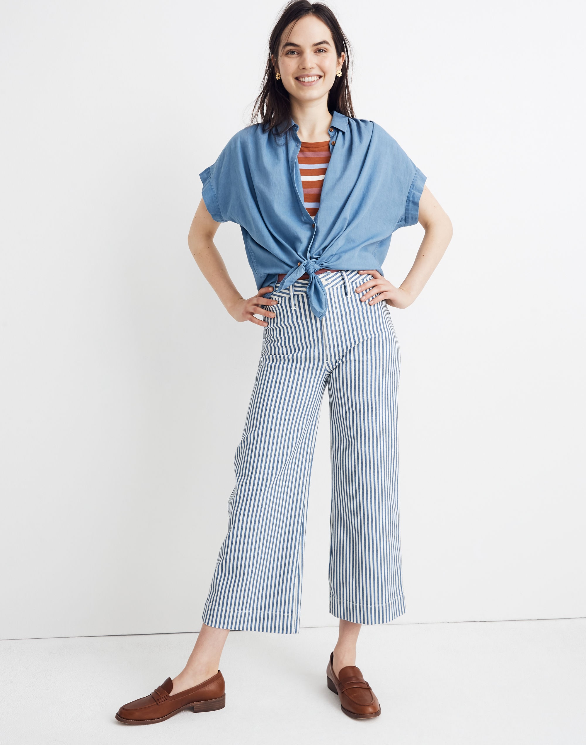 Petite Emmett Wide-Leg Crop Pants in Herringbone Railroad Stripe