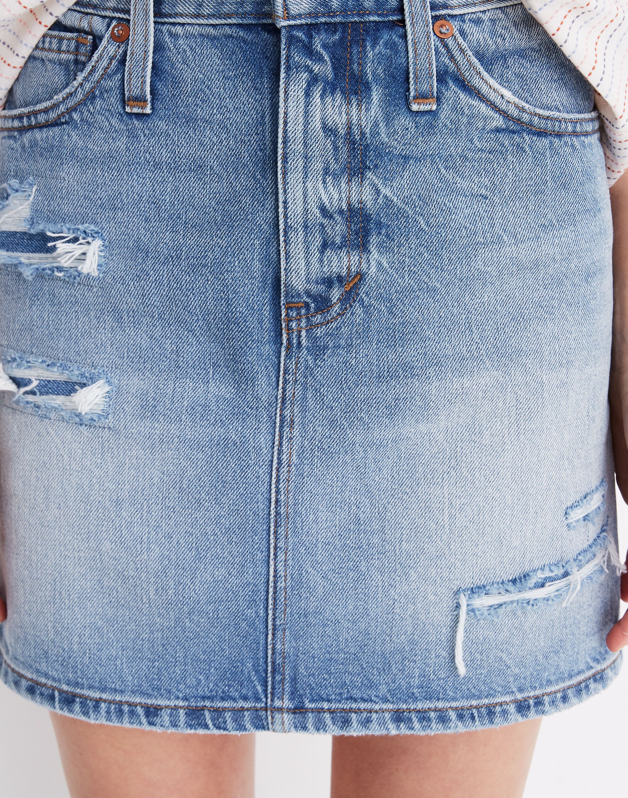 Rigid Denim Mini Skirt in Glencrest Wash: Rip and Repair Edition