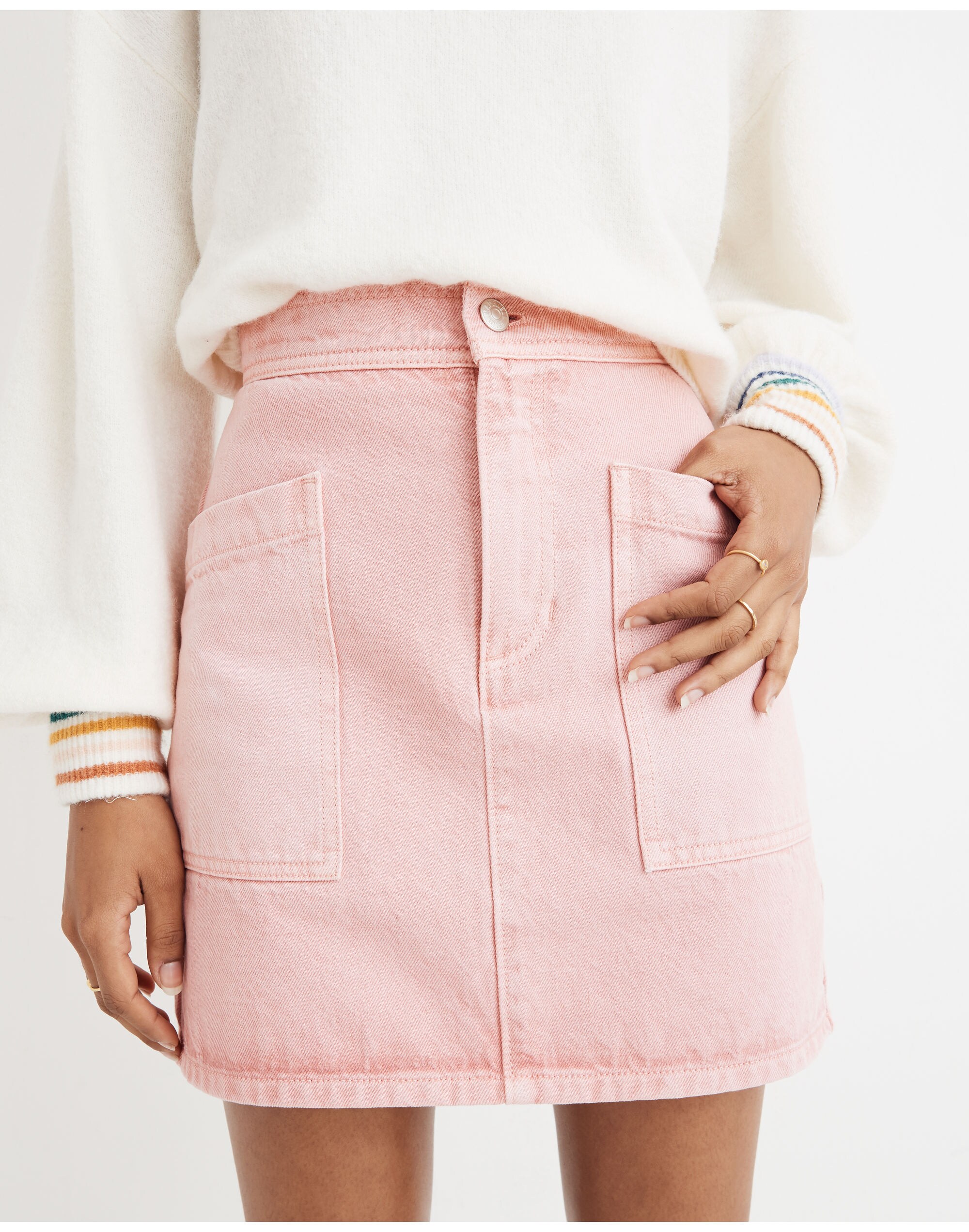 Rigid Denim High-Waist Straight Mini Skirt: Garment-Dyed Patch Pocket Edition