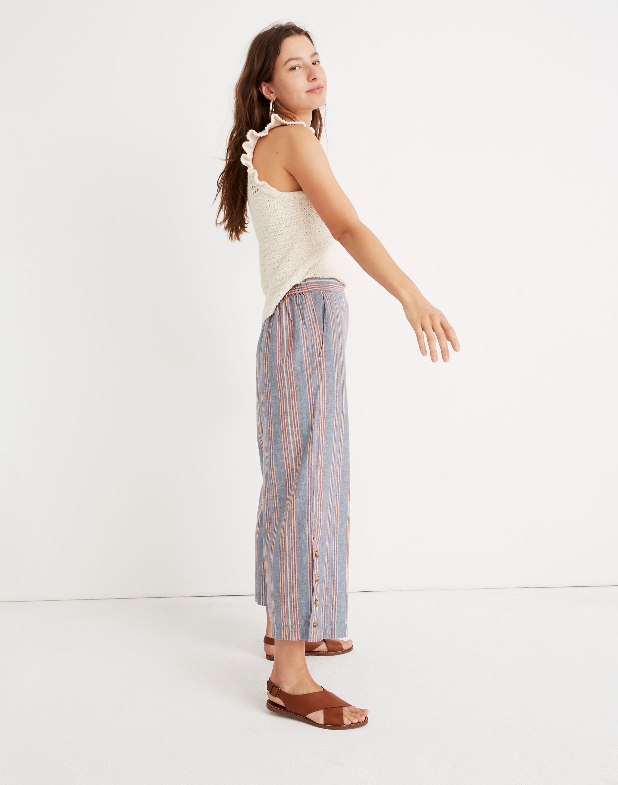 Tall Side-Button Huston Pull-On Crop Pants in Rainbow Stripe
