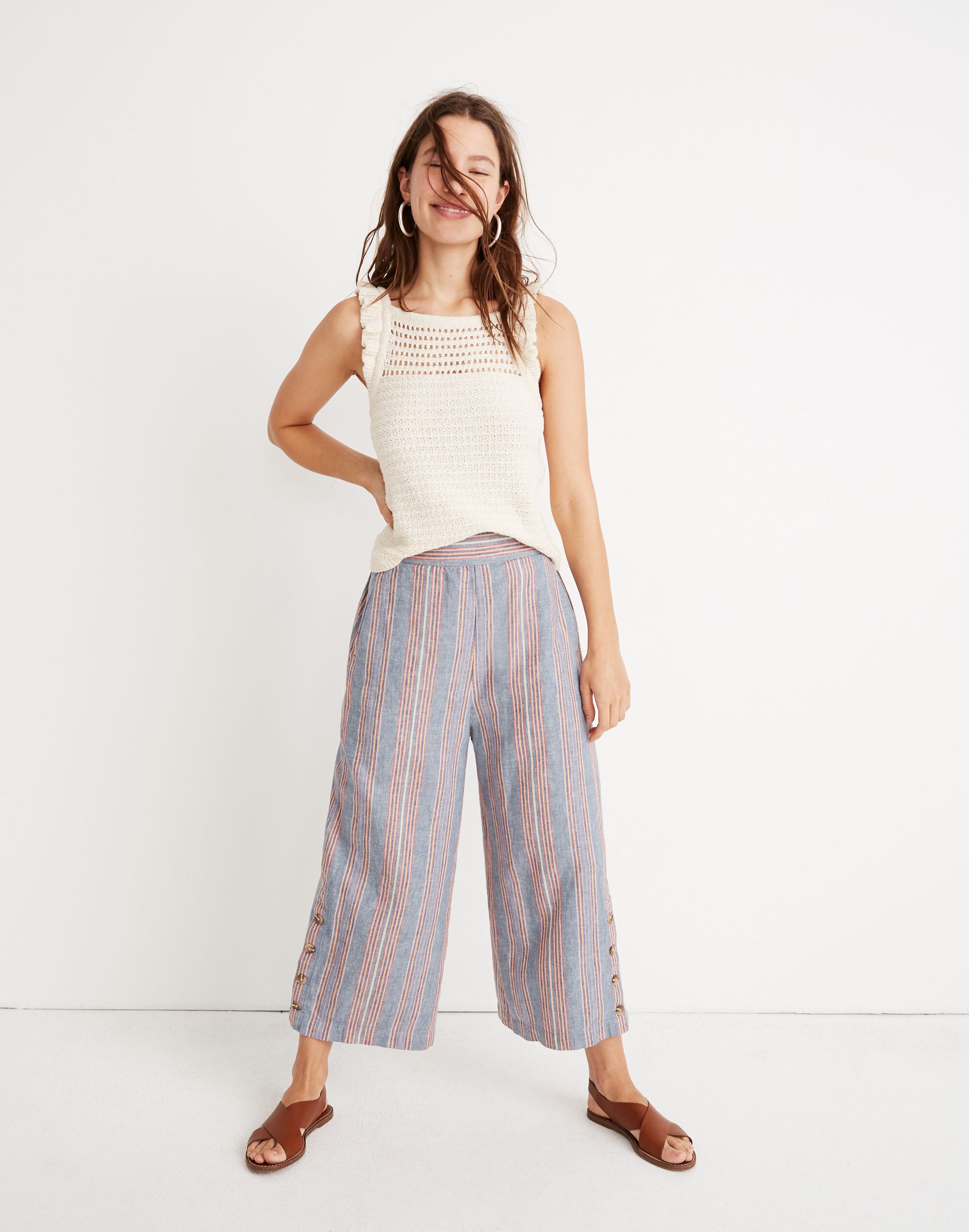 Tall Side-Button Huston Pull-On Crop Pants in Rainbow Stripe
