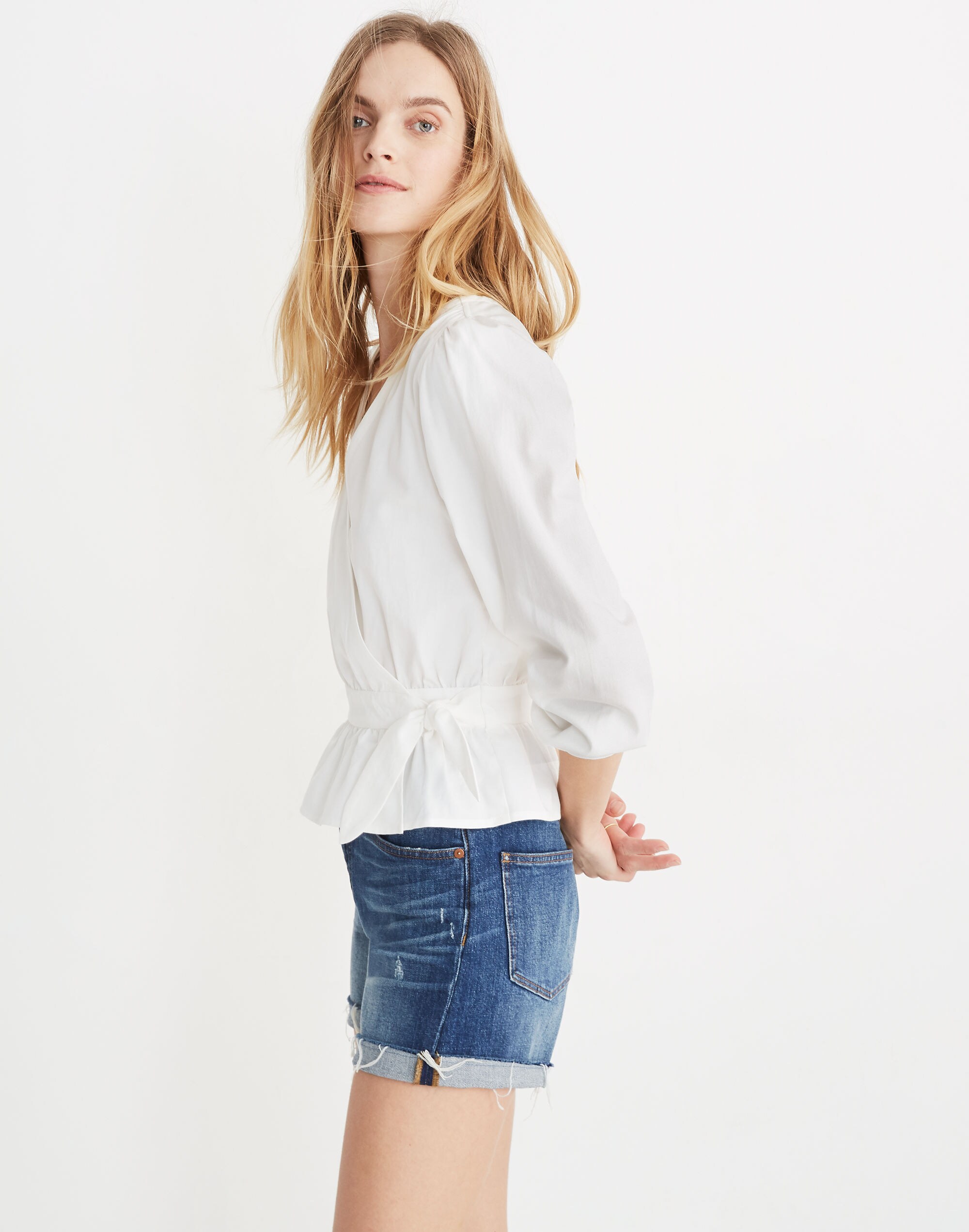 Puff-Sleeve Peplum Wrap Top