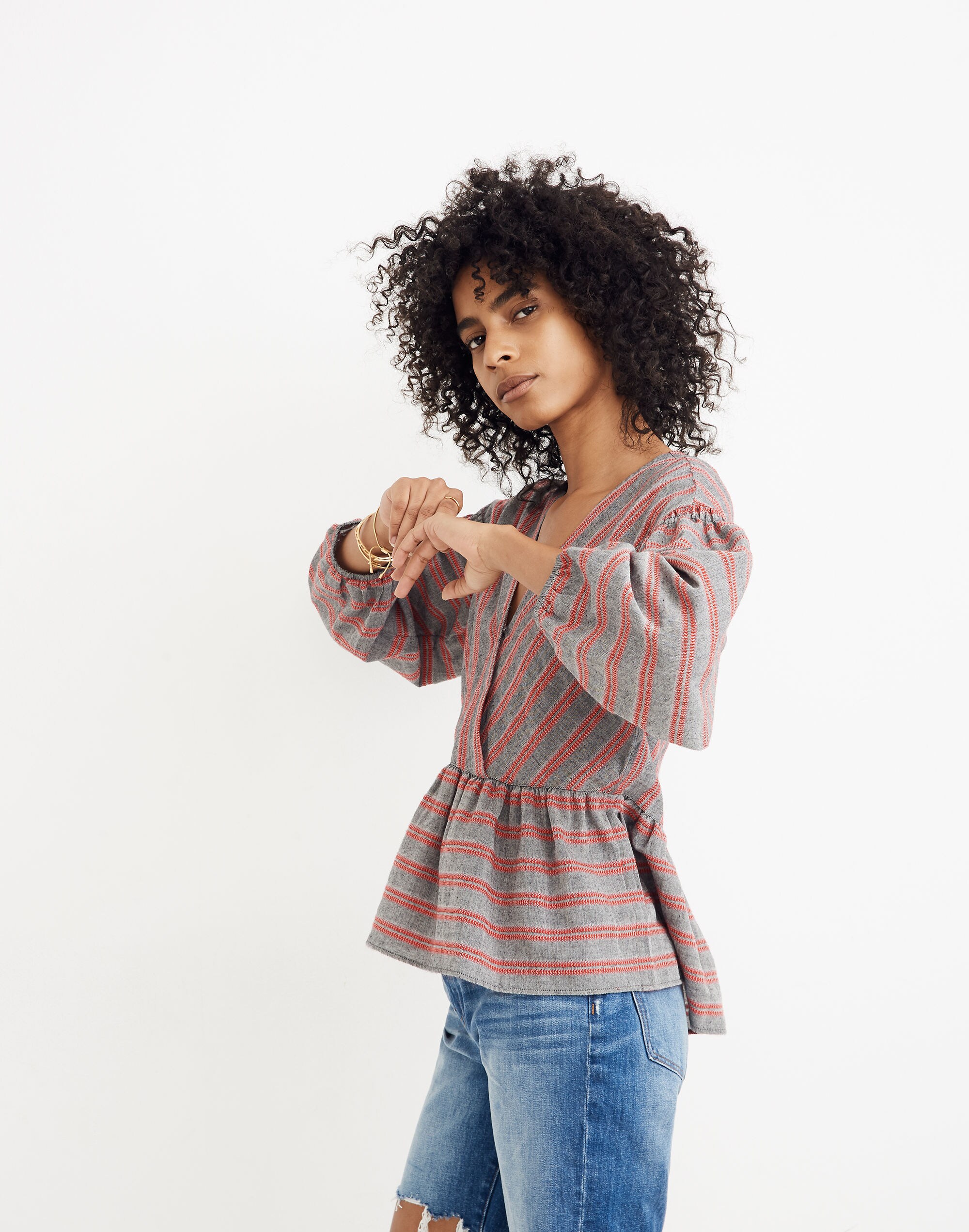 Striped Bubble-Sleeve Peplum Top