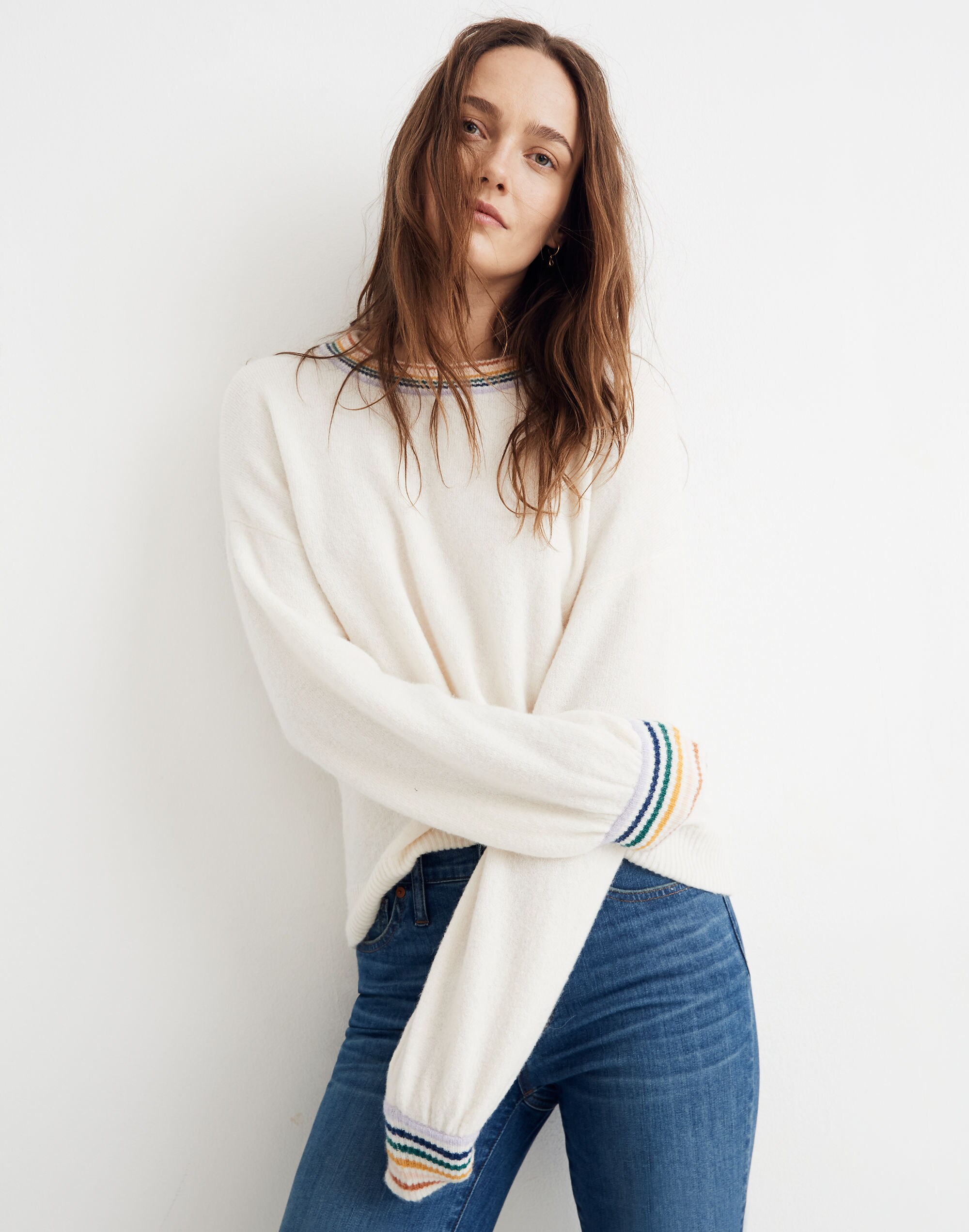 Rainbow-Trim Gladwell Balloon-Sleeve Pullover Sweater