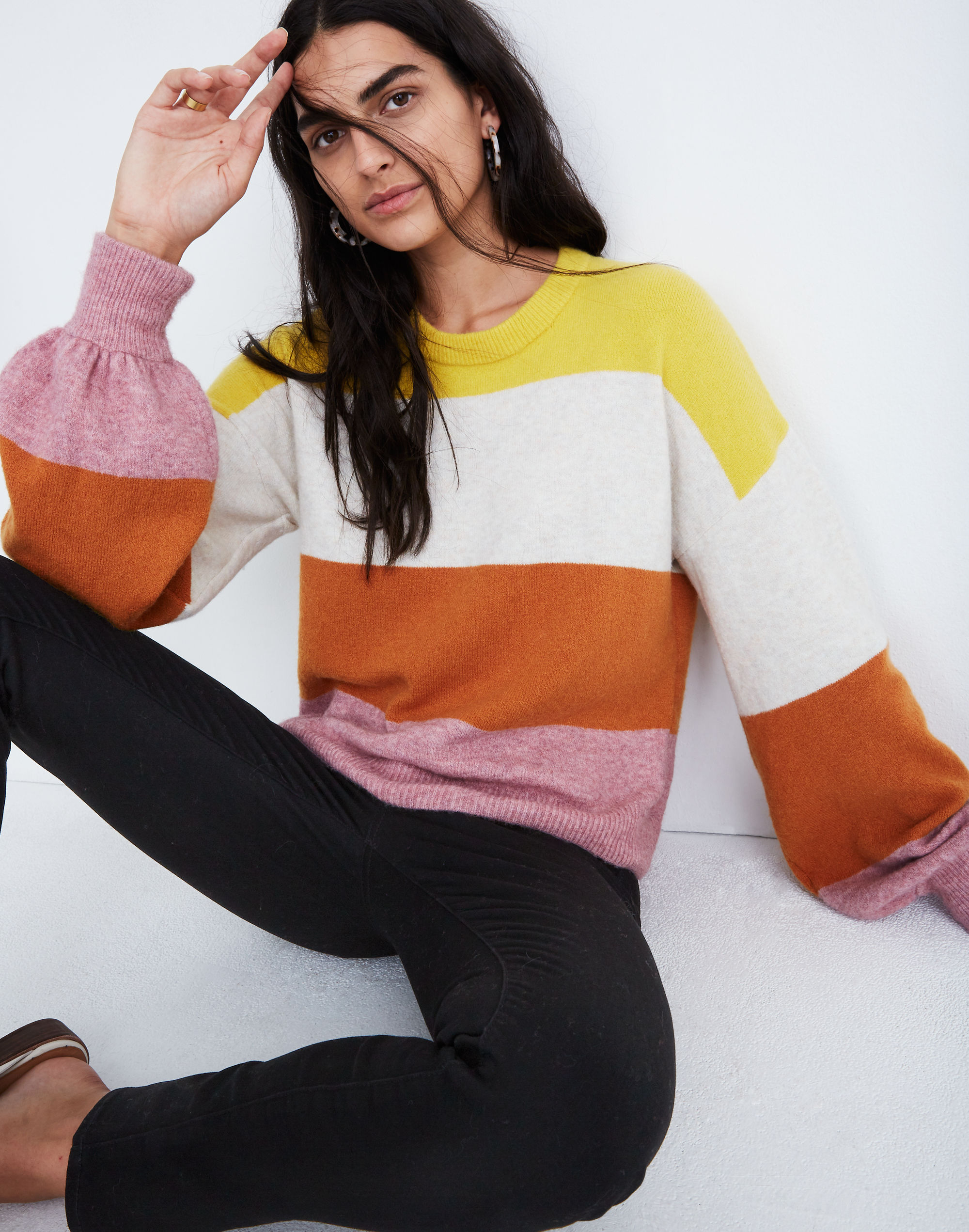 Striped Gladwell Balloon-Sleeve Pullover Sweater
