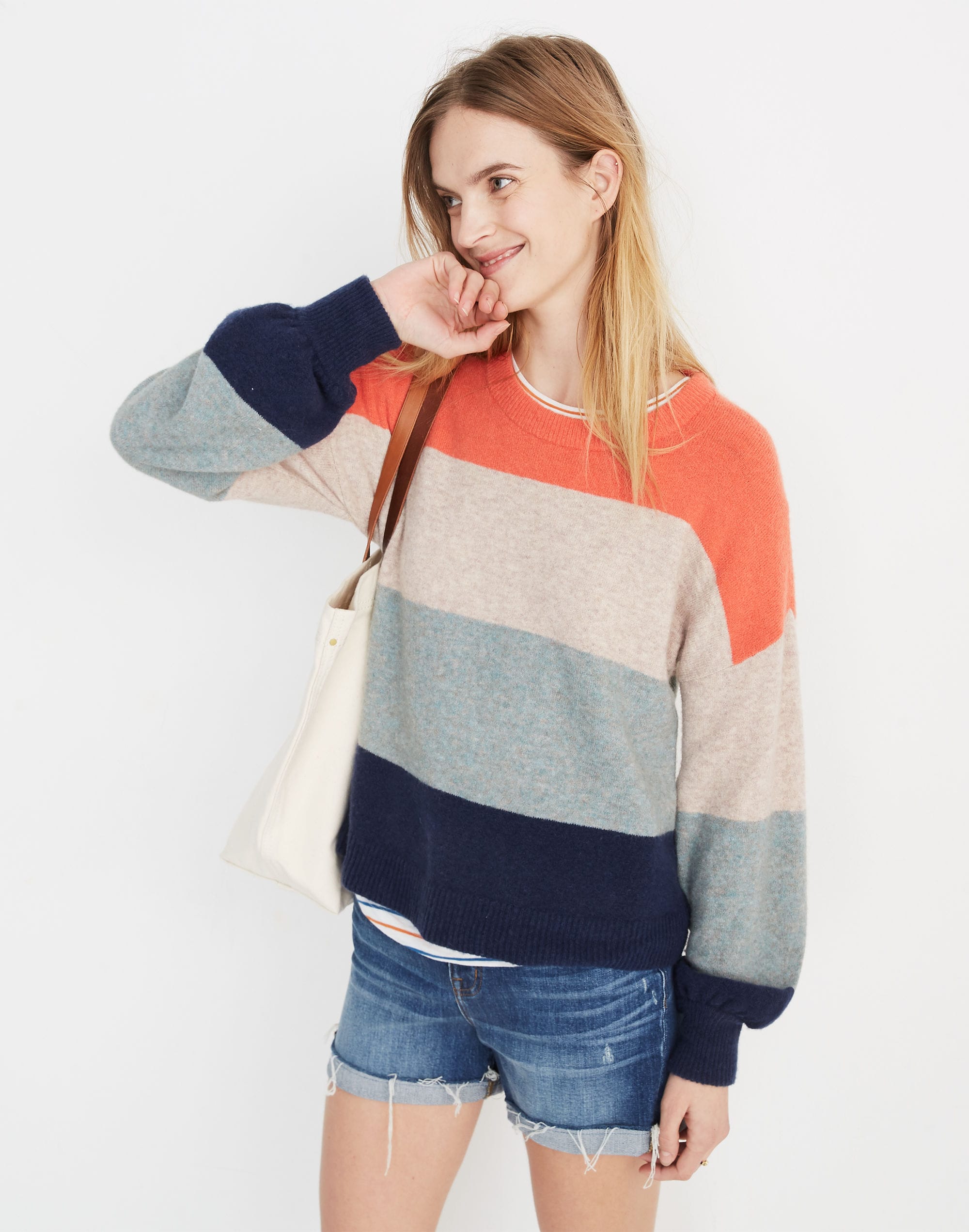 Striped Gladwell Balloon-Sleeve Pullover Sweater