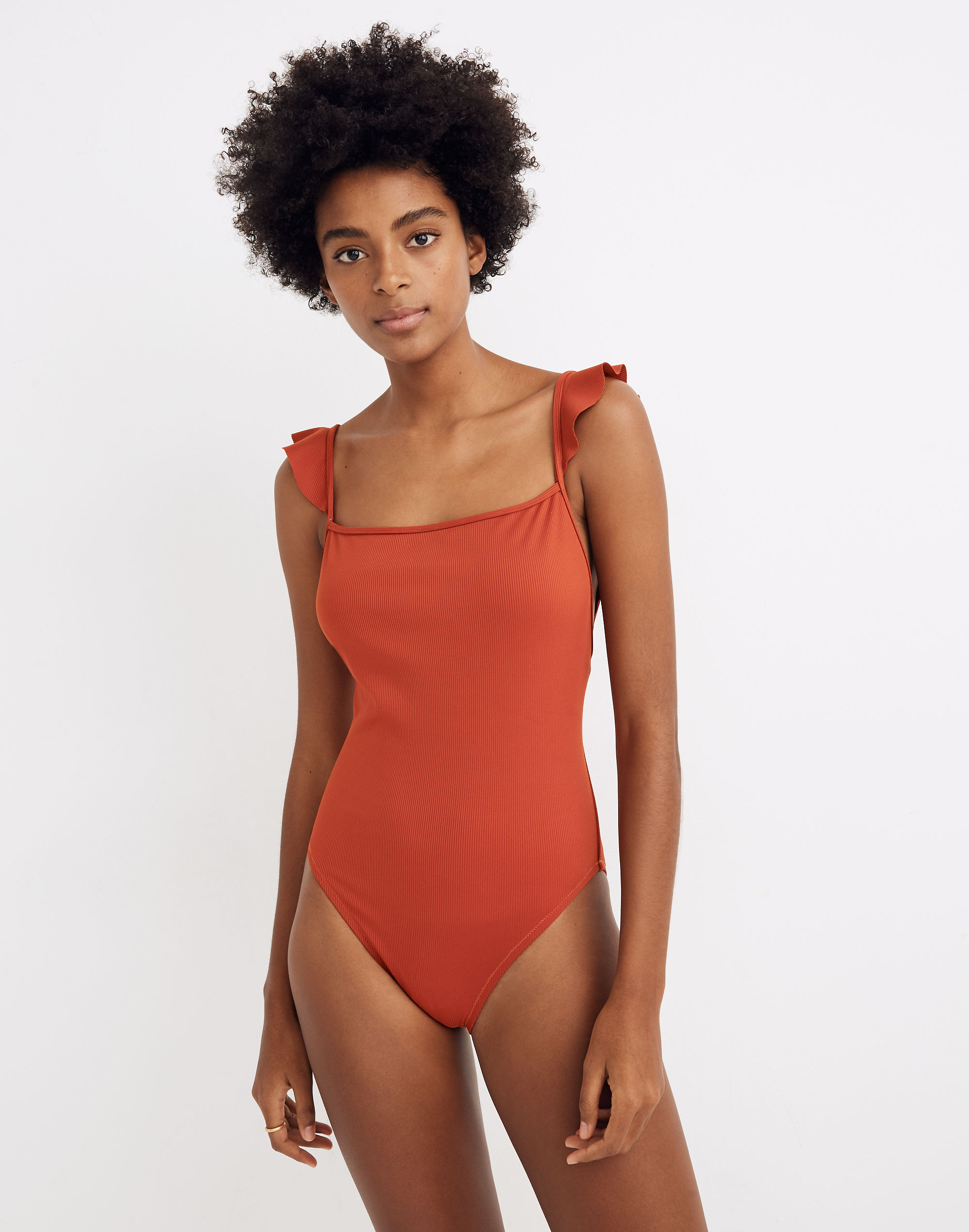 Madewell Second Wave Ribbed Ruffle-Strap One-Piece Swimsuit