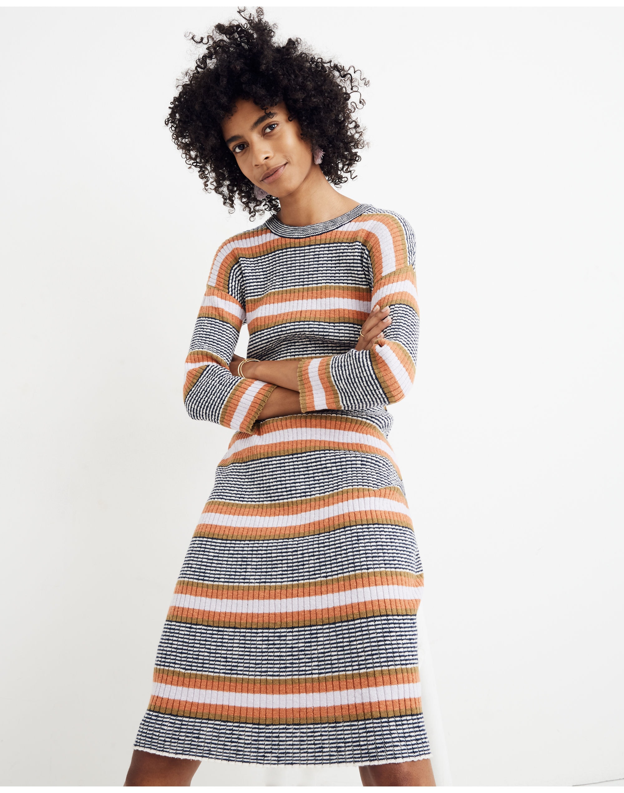 Striped Three-Quarter-Sleeve Sweater Dress