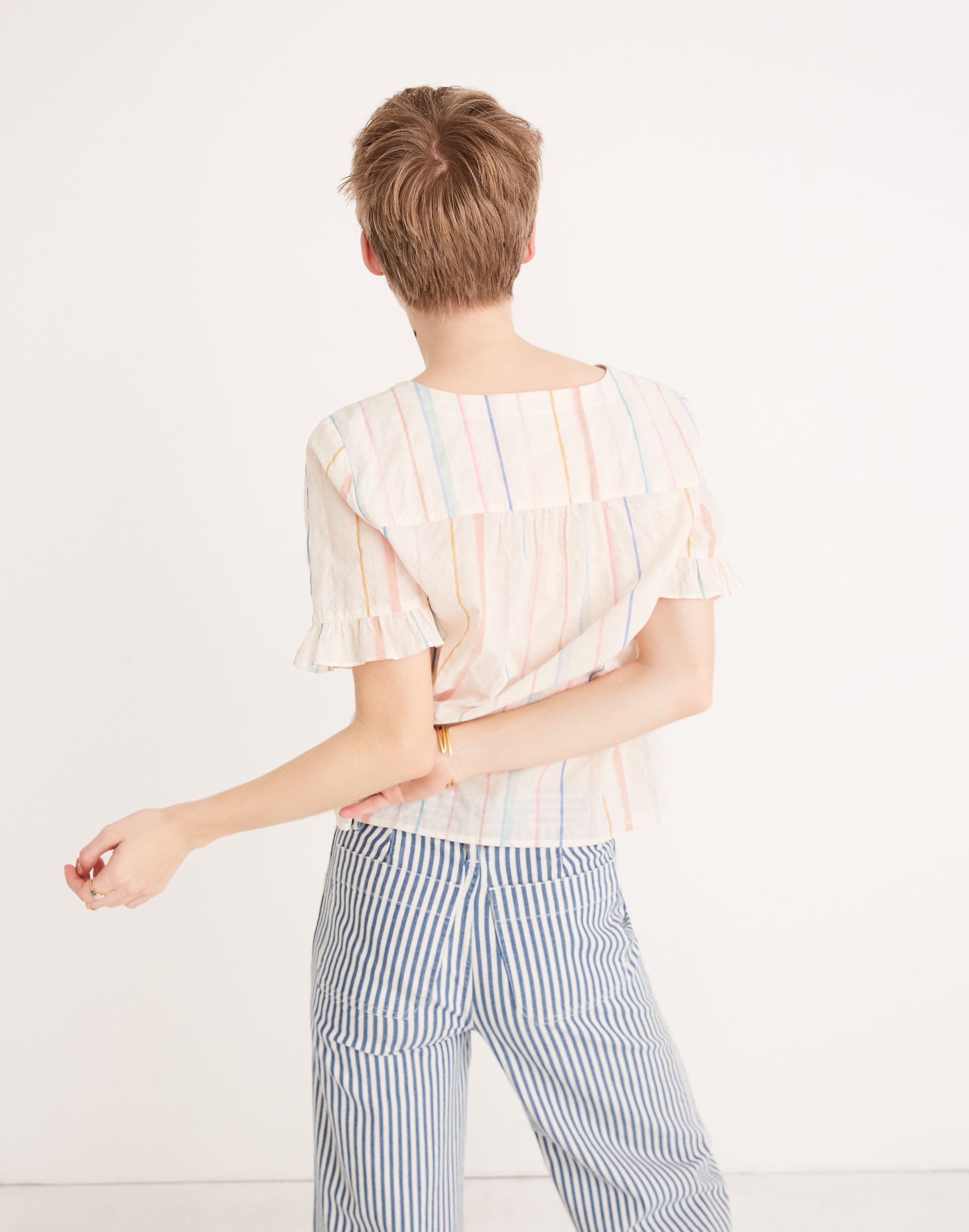 Village Ruffle-Sleeve Shirt in Rainbow Stripe