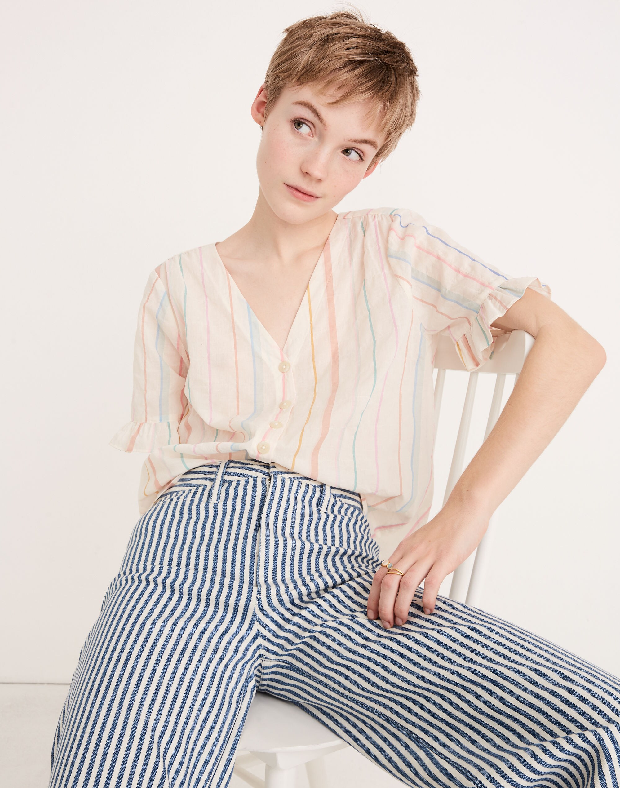 Village Ruffle-Sleeve Shirt in Rainbow Stripe