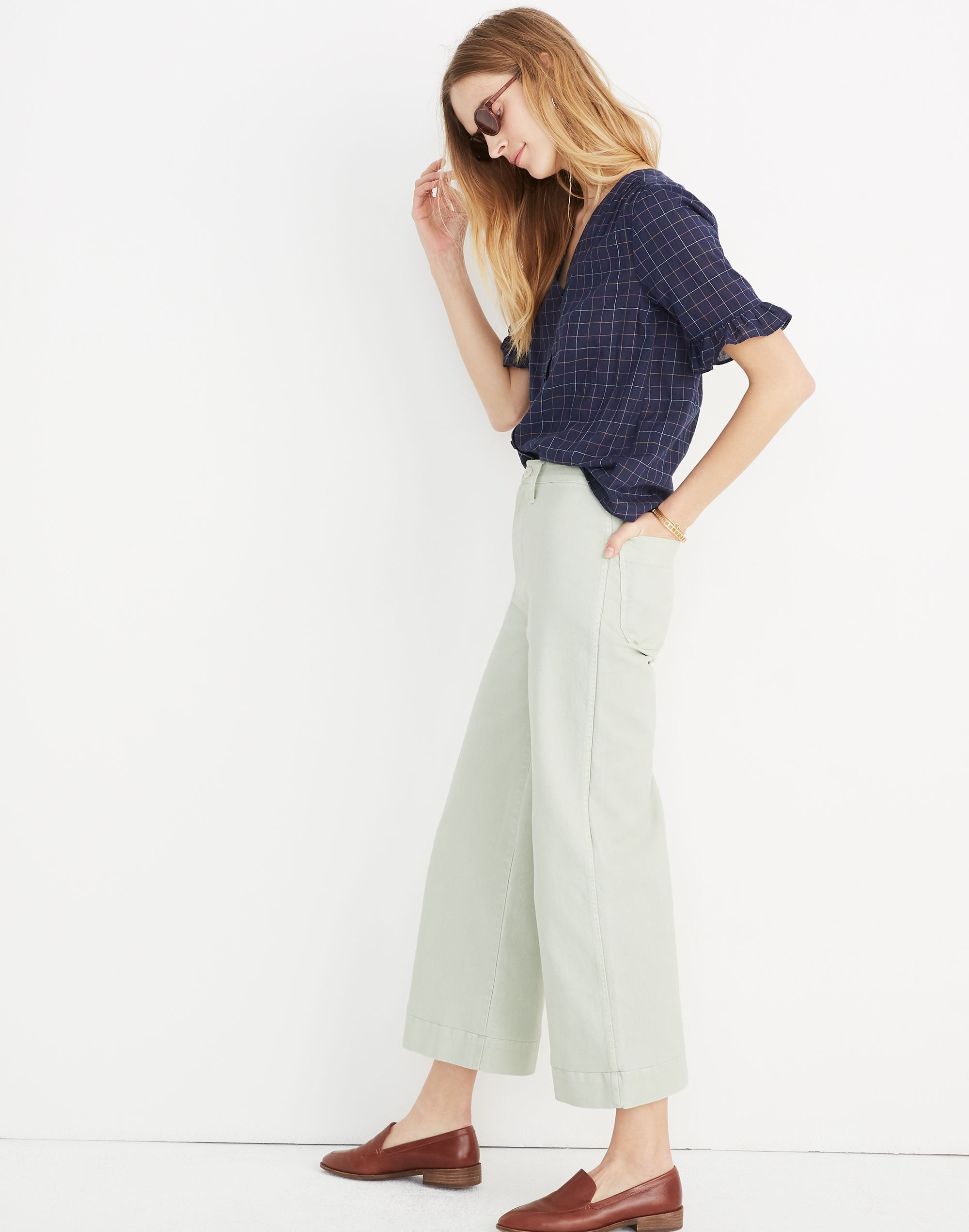 Village Ruffle-Sleeve Shirt in Windowpane