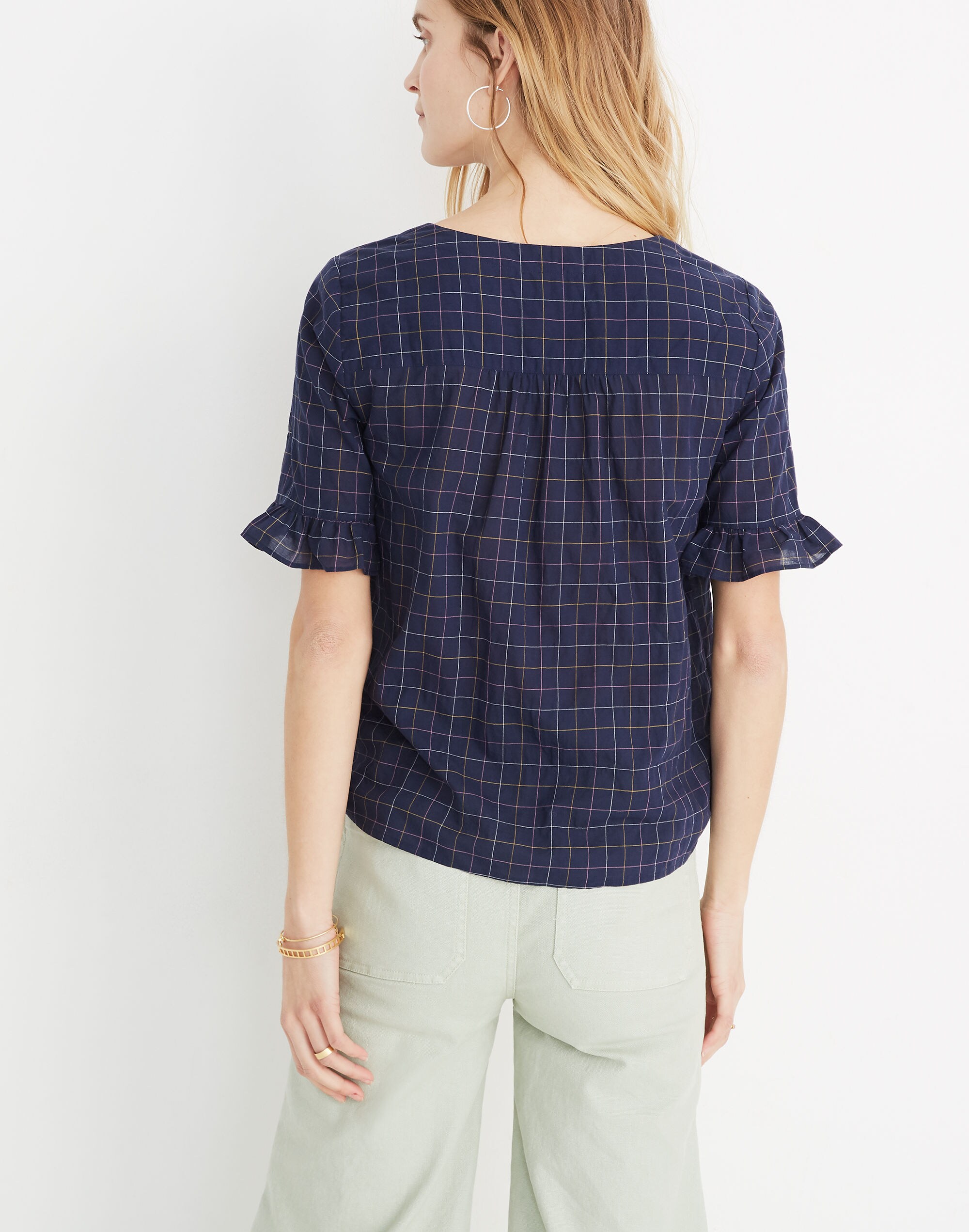 Village Ruffle-Sleeve Shirt in Windowpane