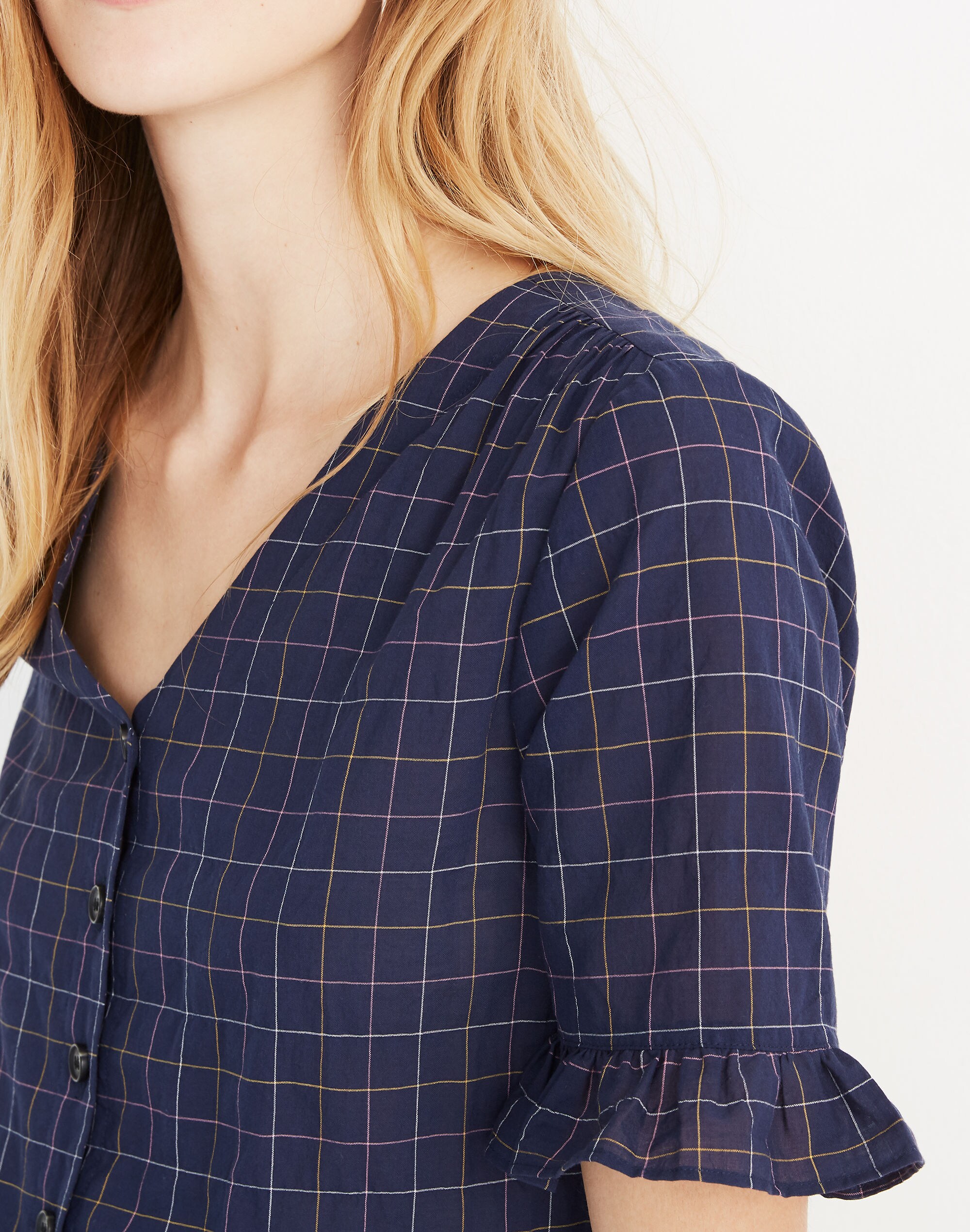 Village Ruffle-Sleeve Shirt in Windowpane