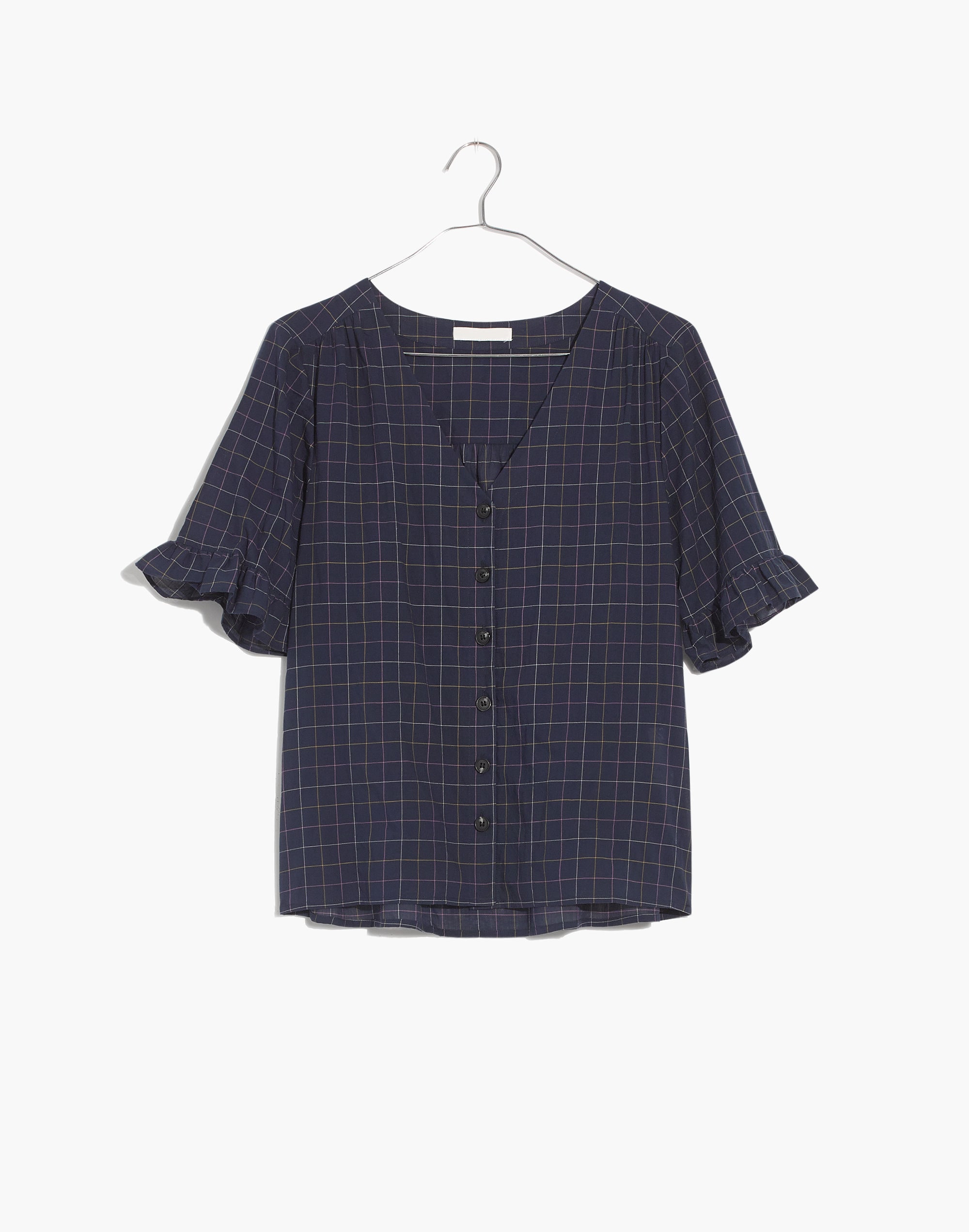 Village Ruffle-Sleeve Shirt in Windowpane