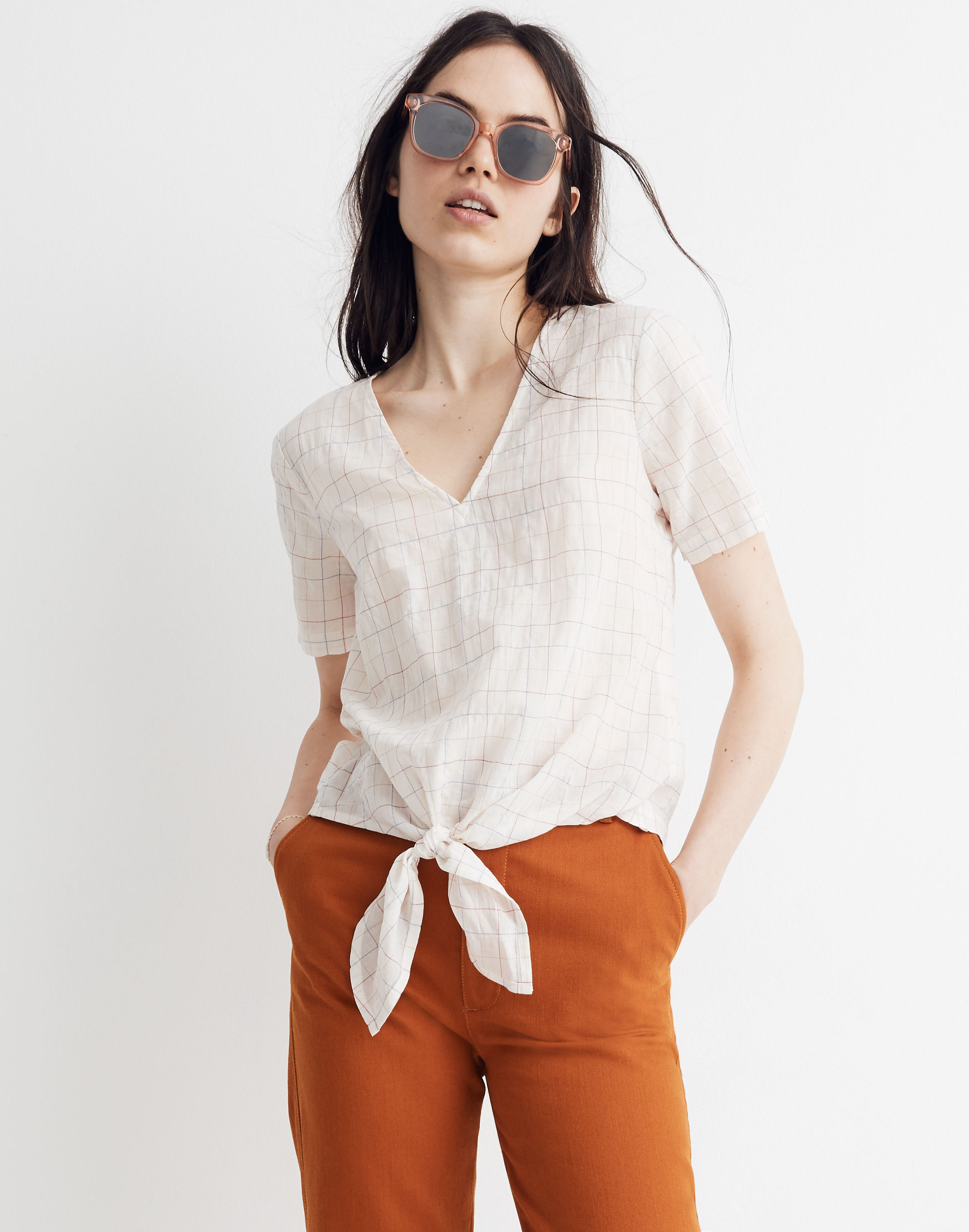 Novel Tie-Front Top in Rainbow Windowpane