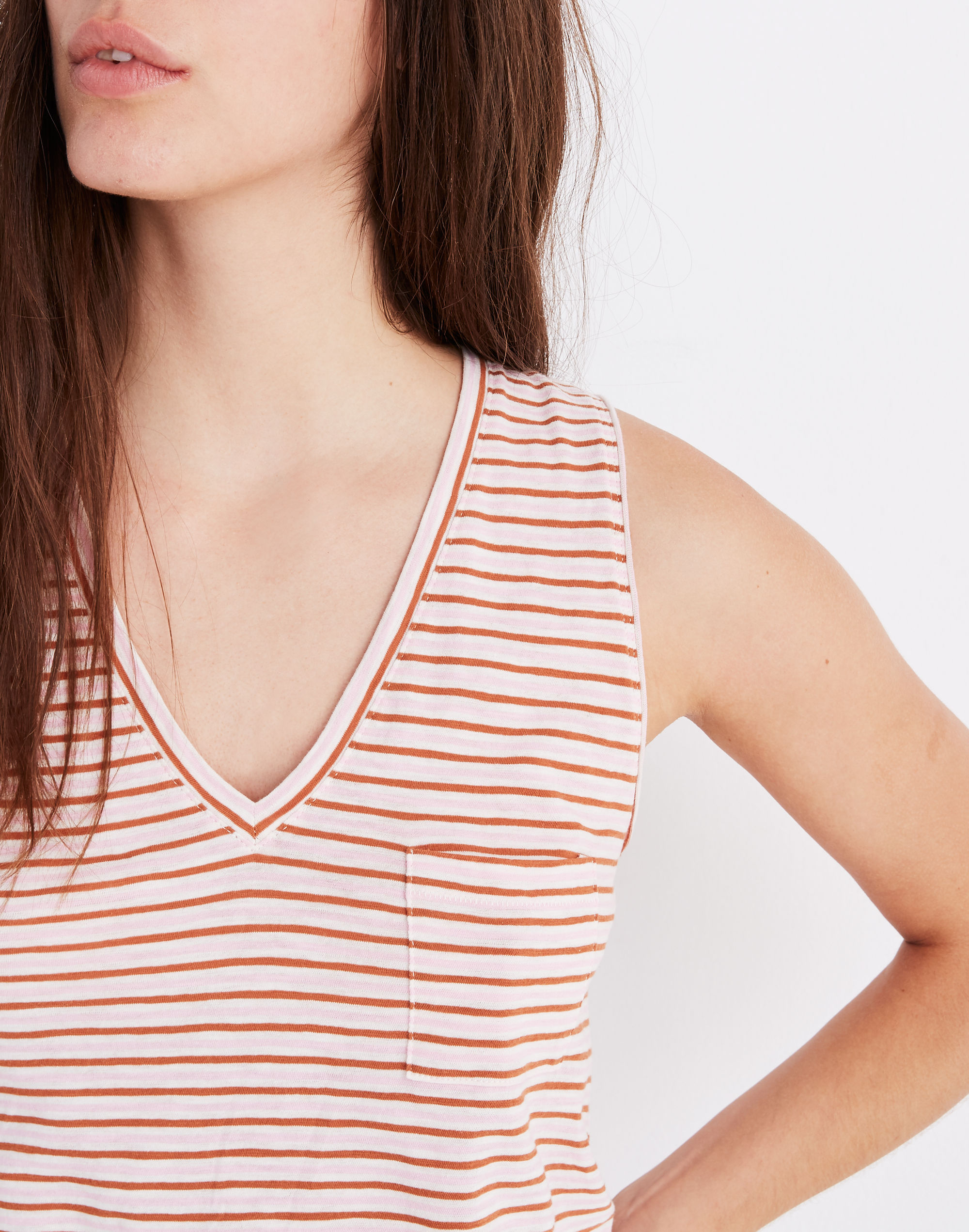 Whisper Cotton V-Neck Pocket Tank in Greywood Stripe