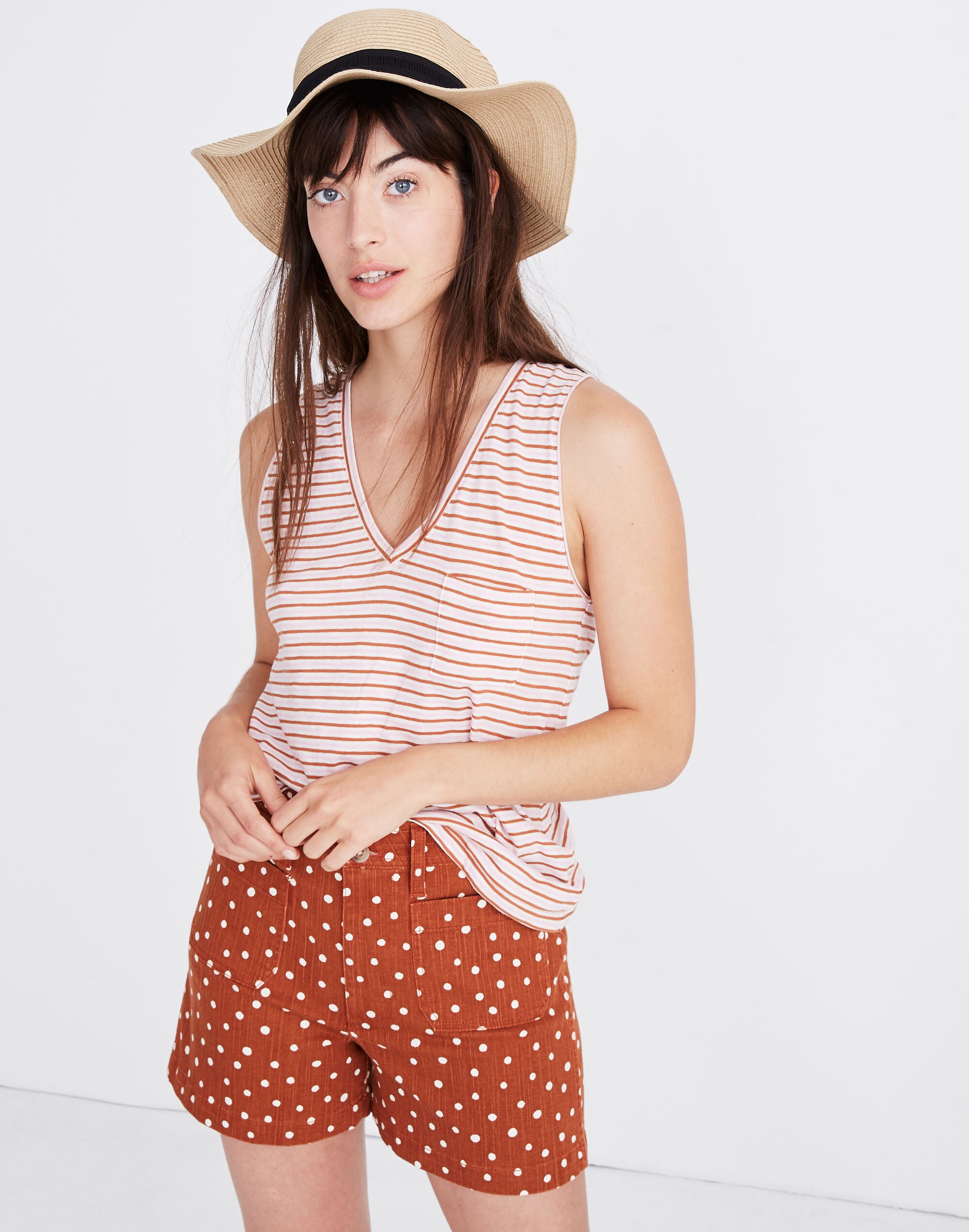 Whisper Cotton V-Neck Pocket Tank in Greywood Stripe