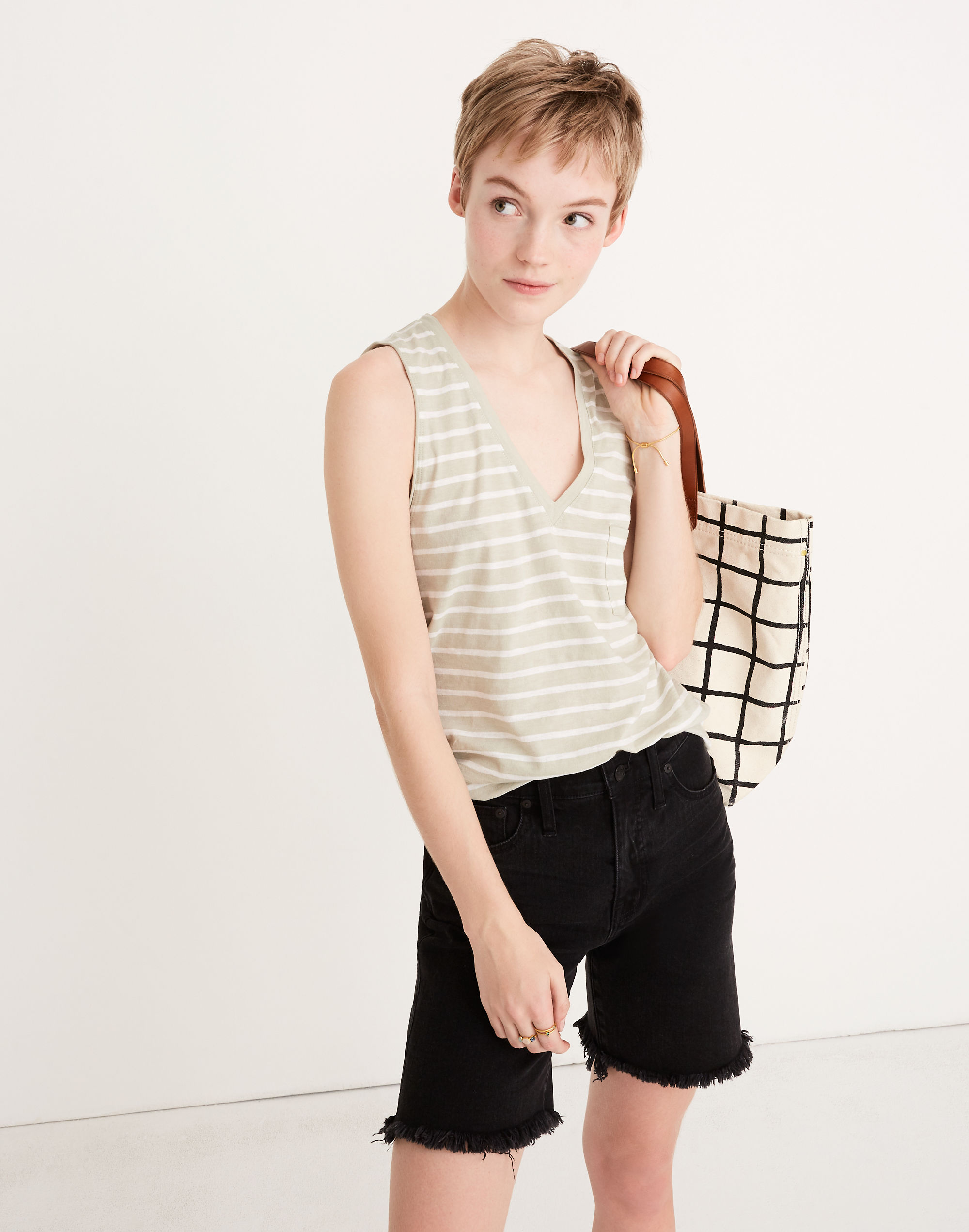 whisper cotton v-neck pocket tank in baker stripe