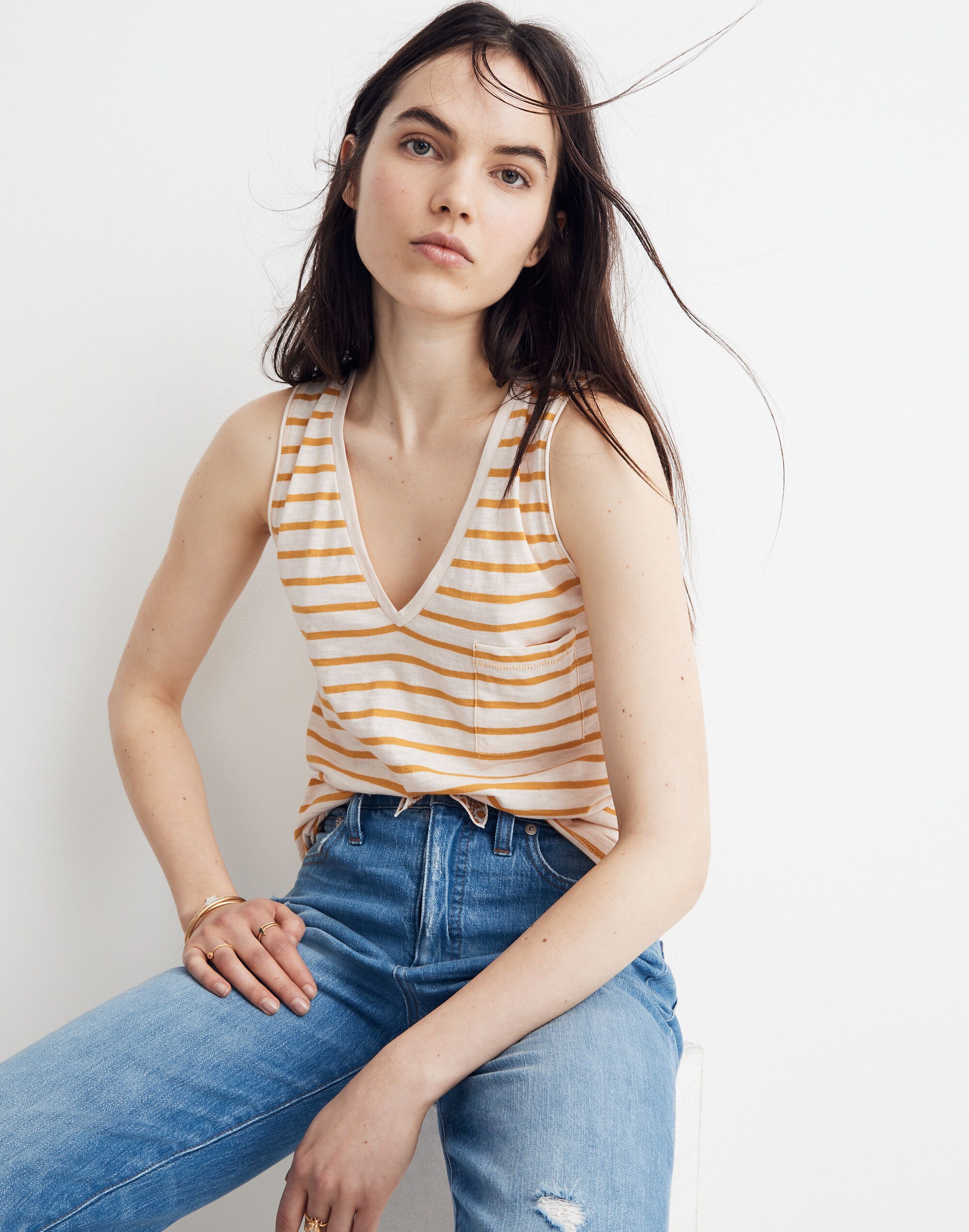 Whisper Cotton V-Neck Pocket Tank in Baker Stripe