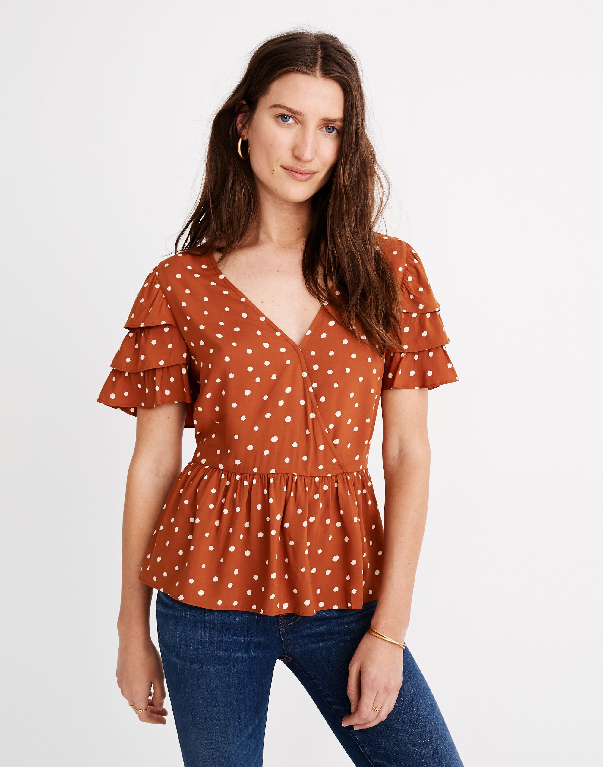 Tiered-Sleeve Peplum Top in Inkspot Dot