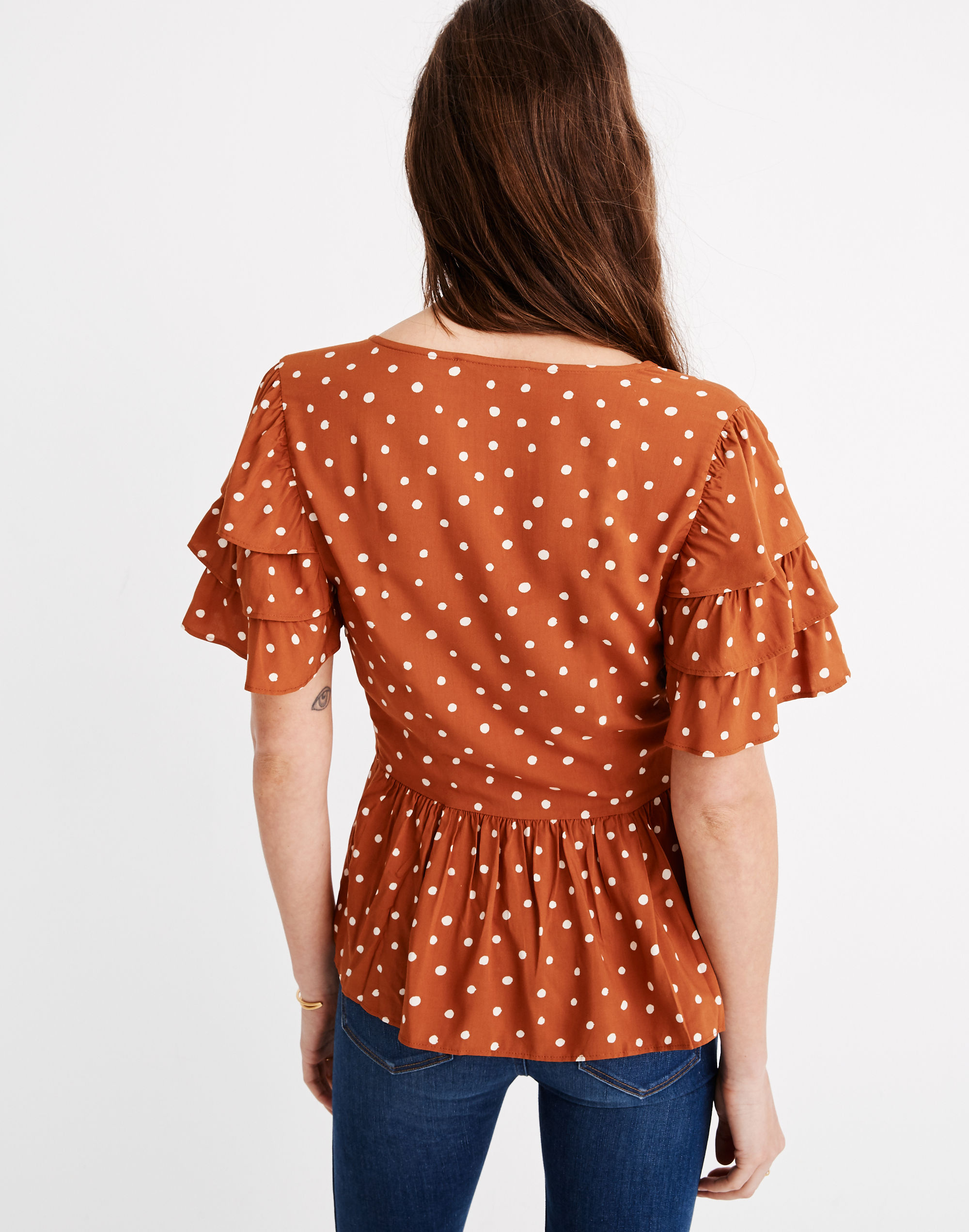 Tiered-Sleeve Peplum Top in Inkspot Dot