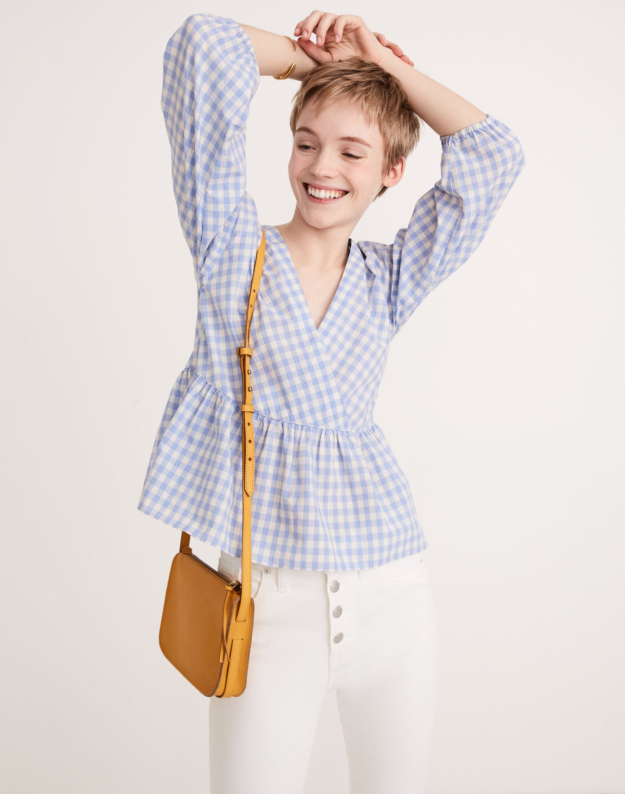 Bubble-Sleeve Peplum Top in Gingham Check