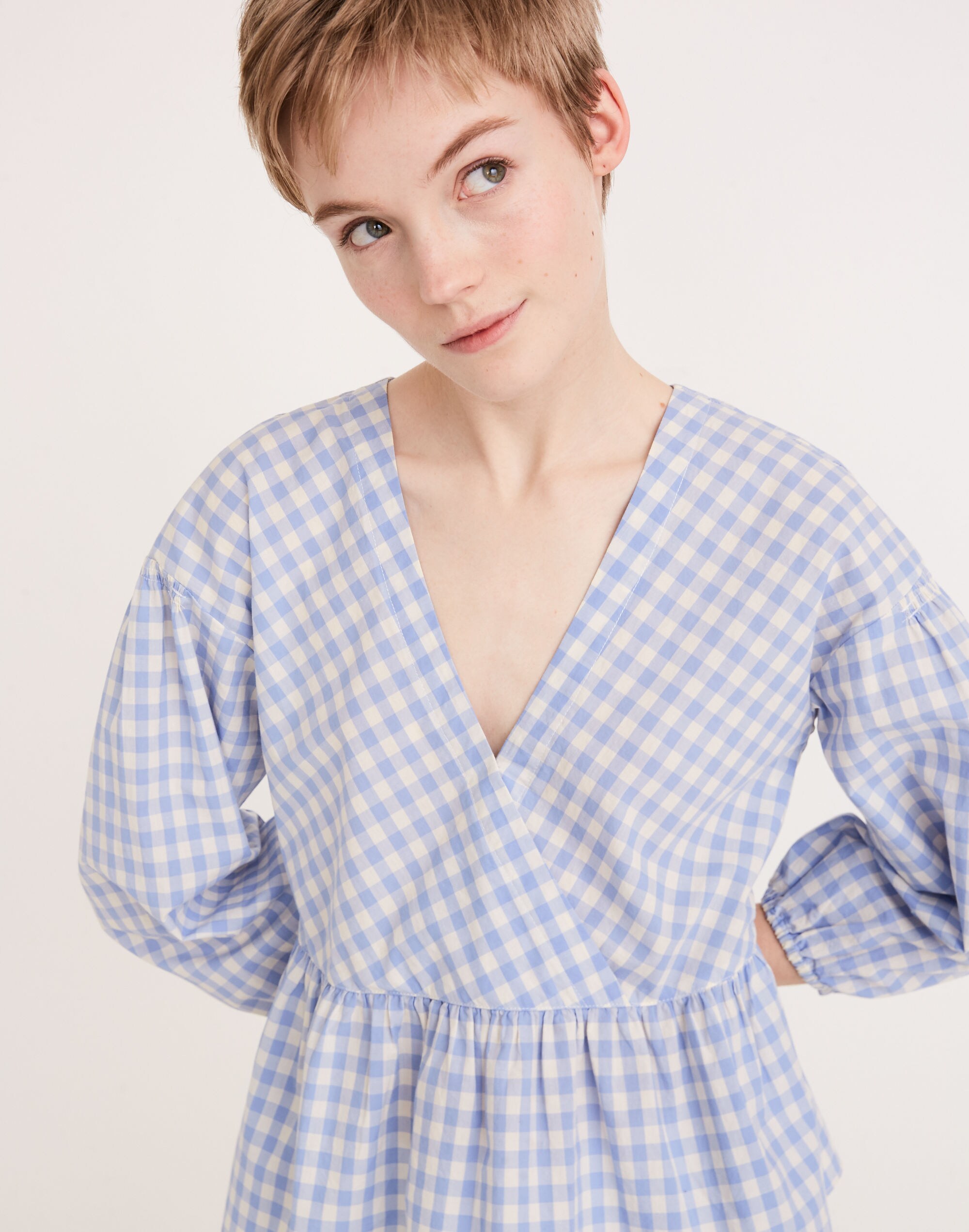 Bubble-Sleeve Peplum Top in Gingham Check