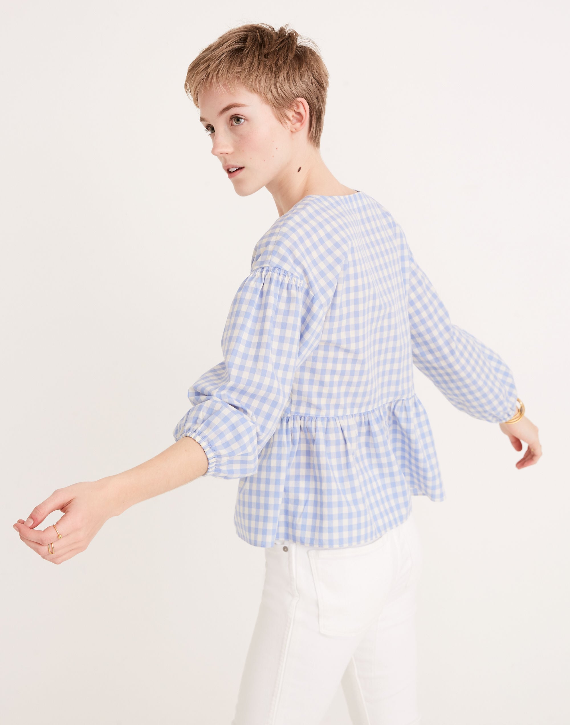Bubble-Sleeve Peplum Top in Gingham Check