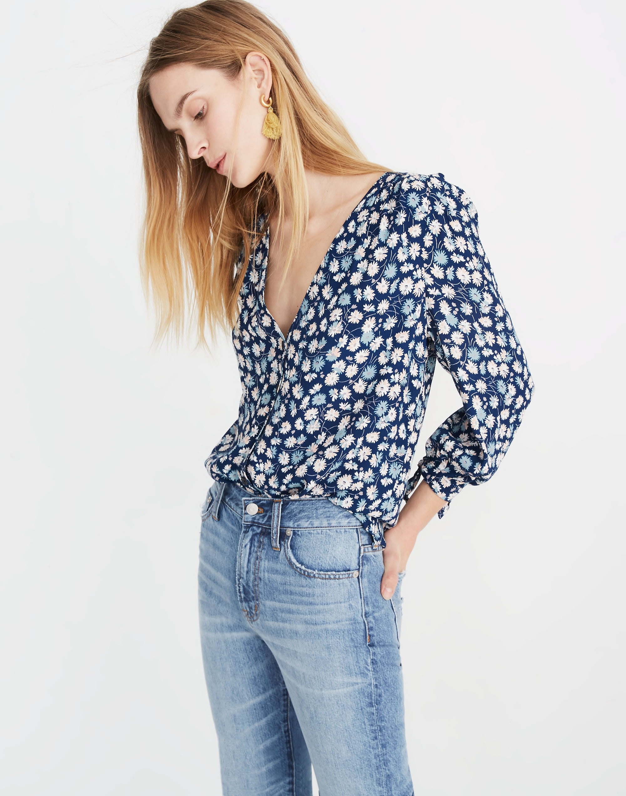 Tie-Sleeve Button-Down Top in French Floral