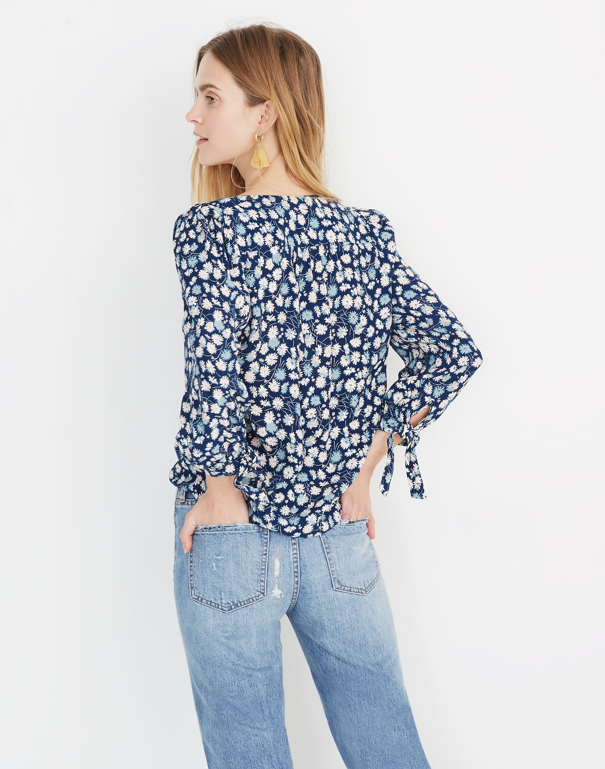 Tie-Sleeve Button-Down Top in French Floral