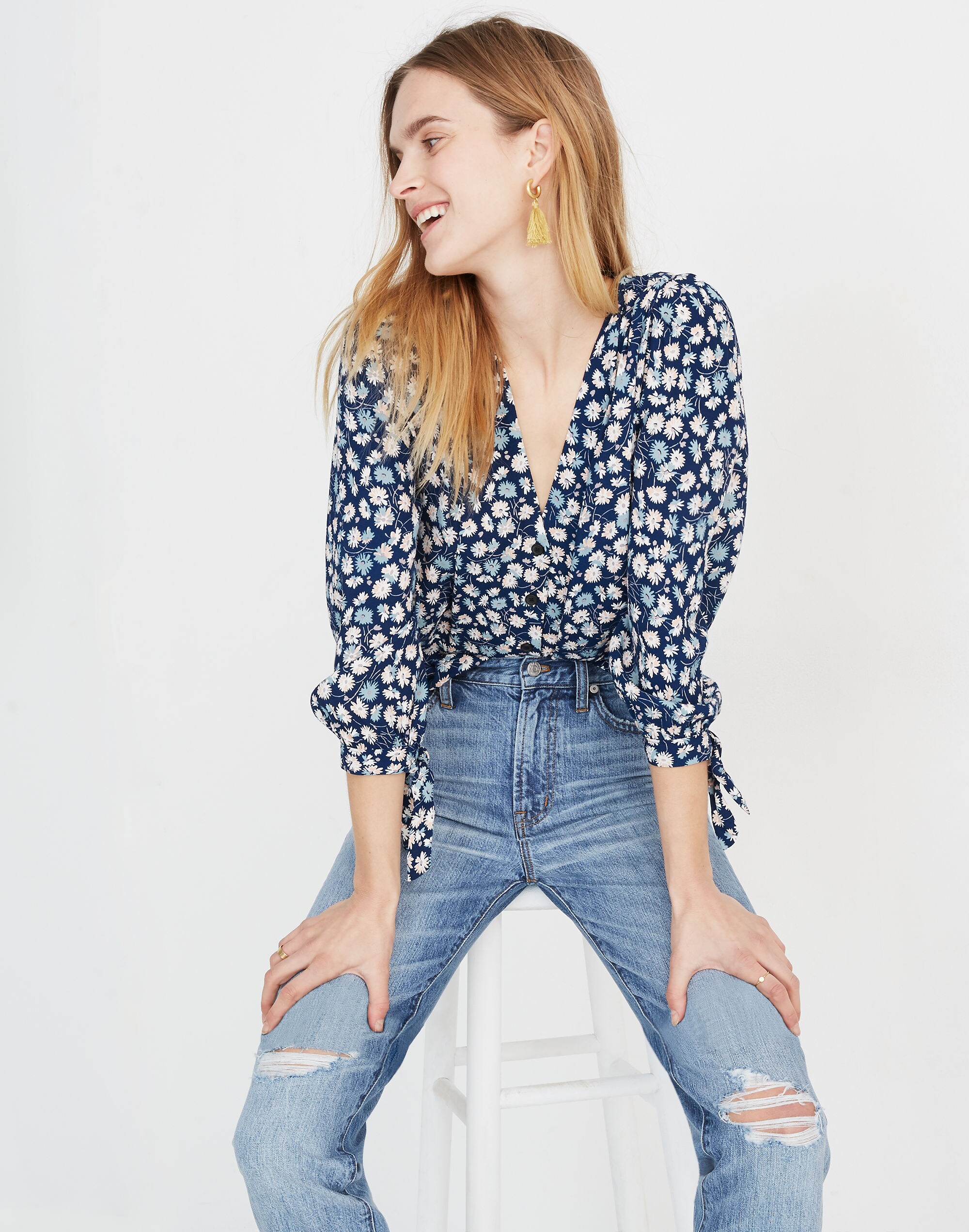 Tie-Sleeve Button-Down Top in French Floral