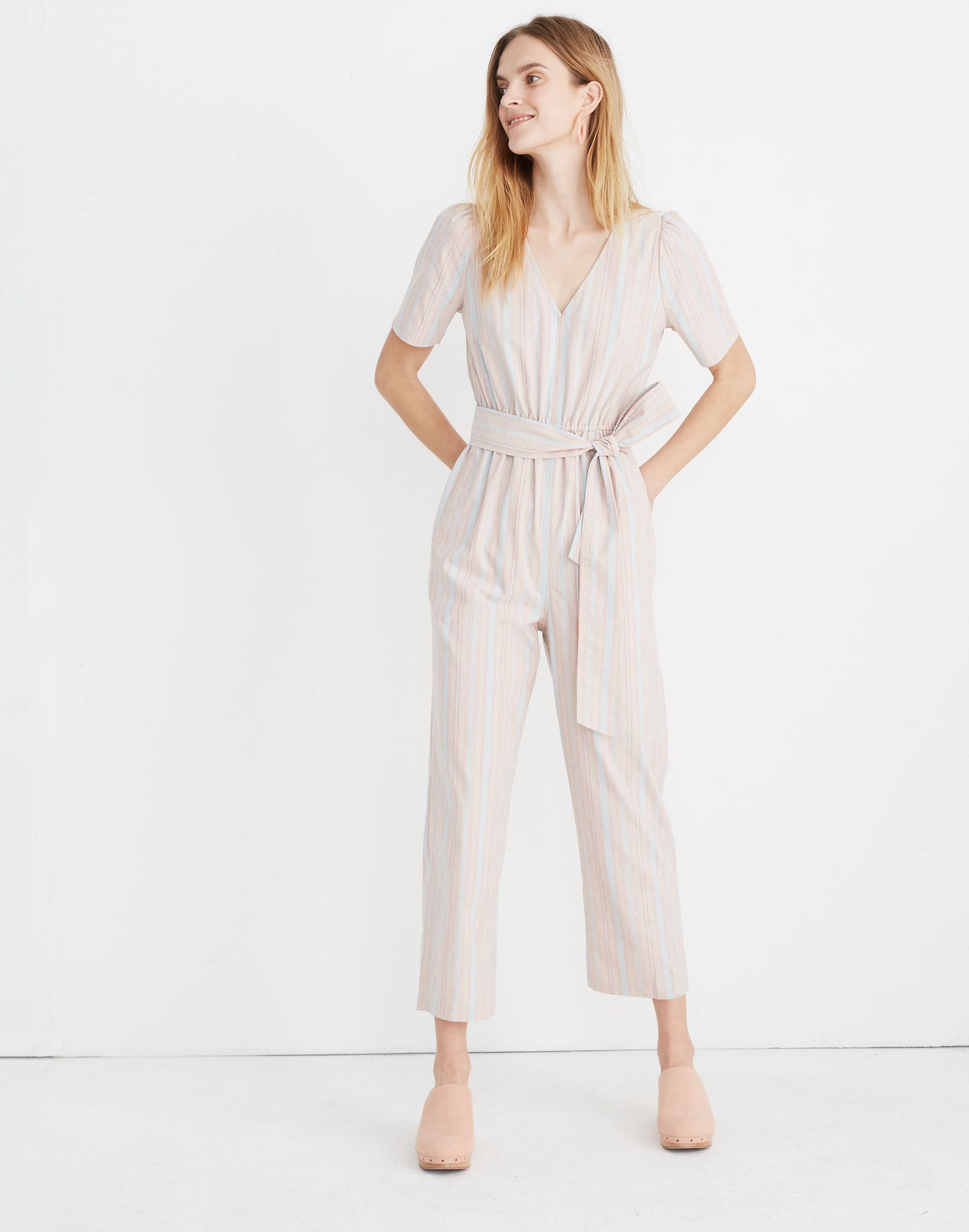 Striped Puff-Sleeve Tapered Jumpsuit