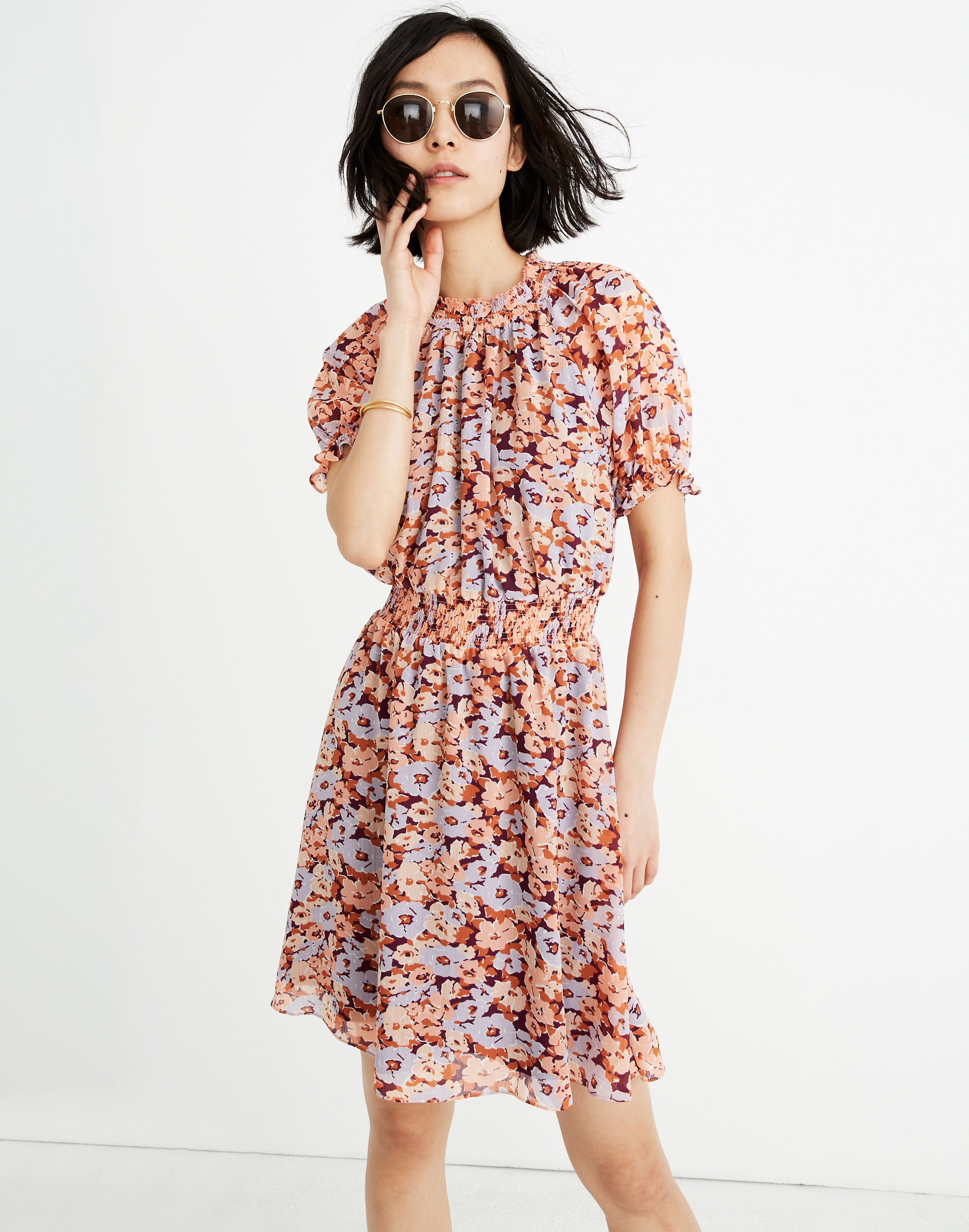 smocked mockneck dress in floral breeze