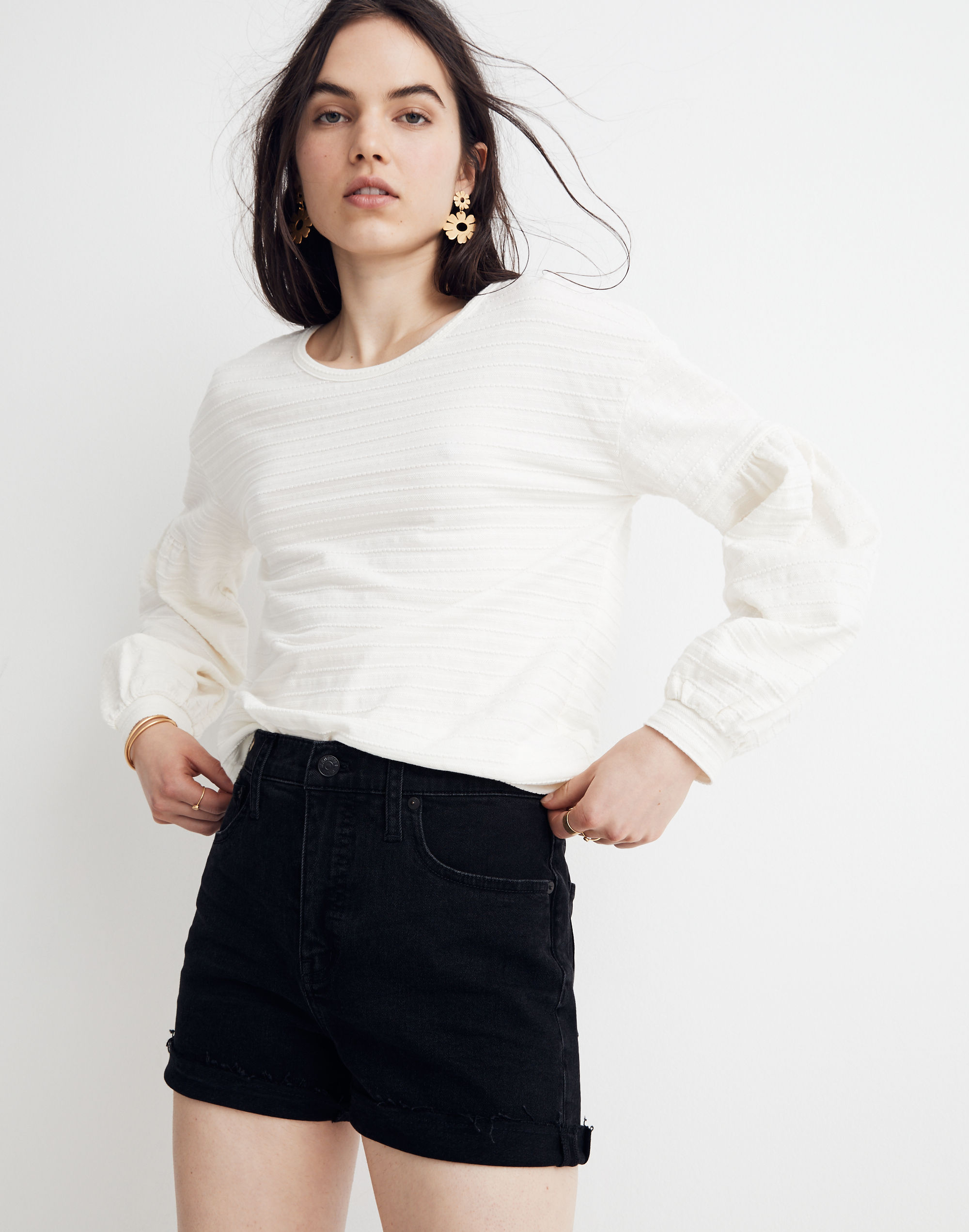 Texture &amp; Thread Bubble-Sleeve Top