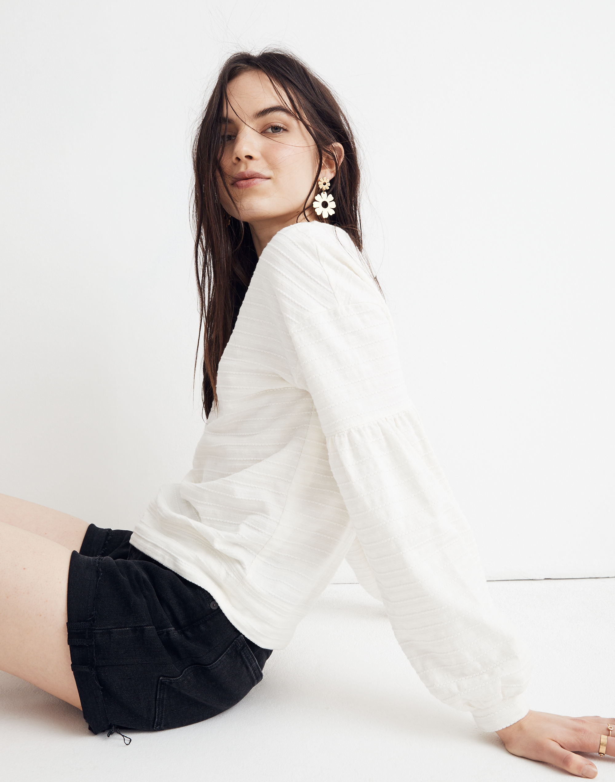 Texture &amp; Thread Bubble-Sleeve Top