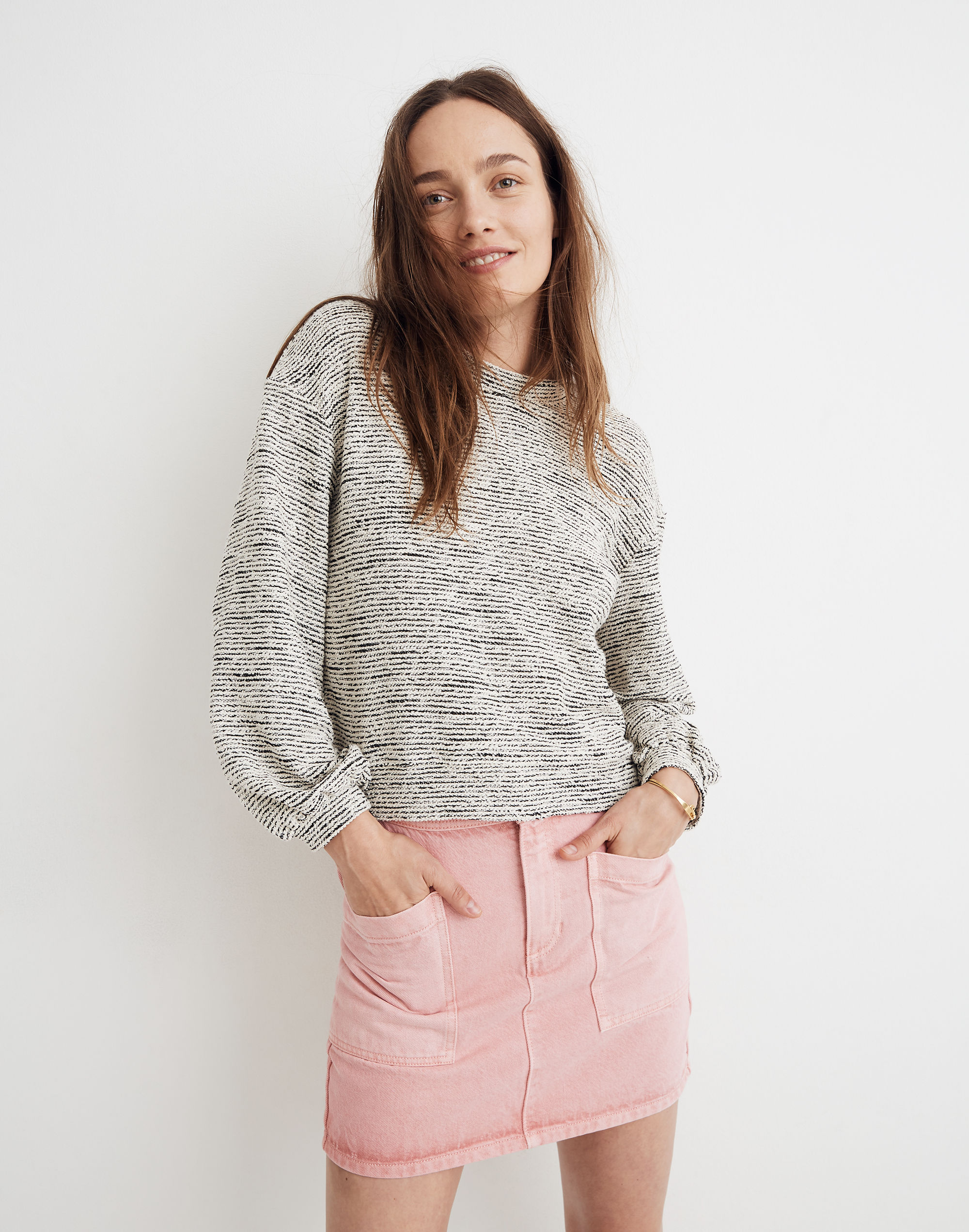 texture &amp; thread bubble-sleeve top