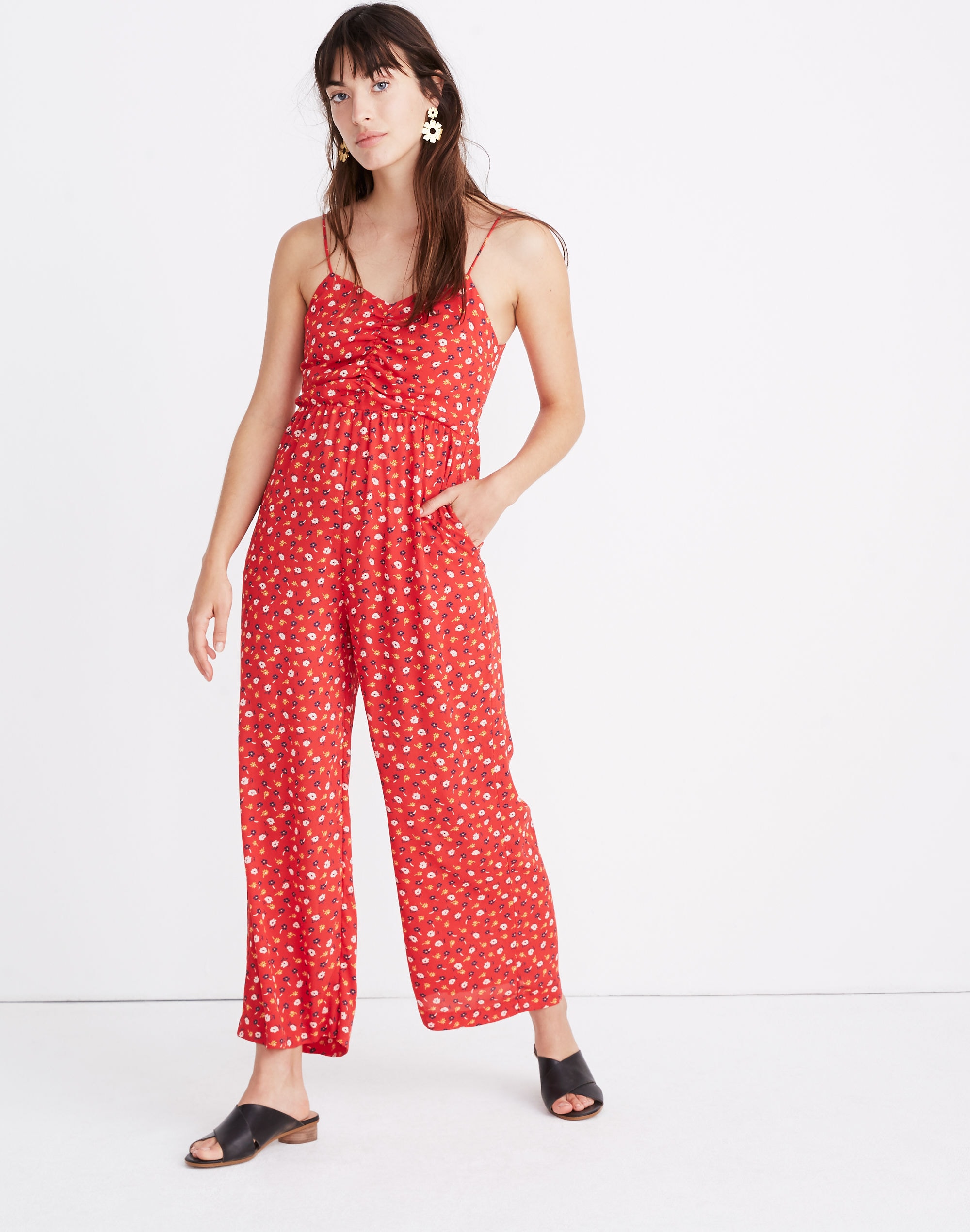 ruched wide-leg jumpsuit in prairie posies