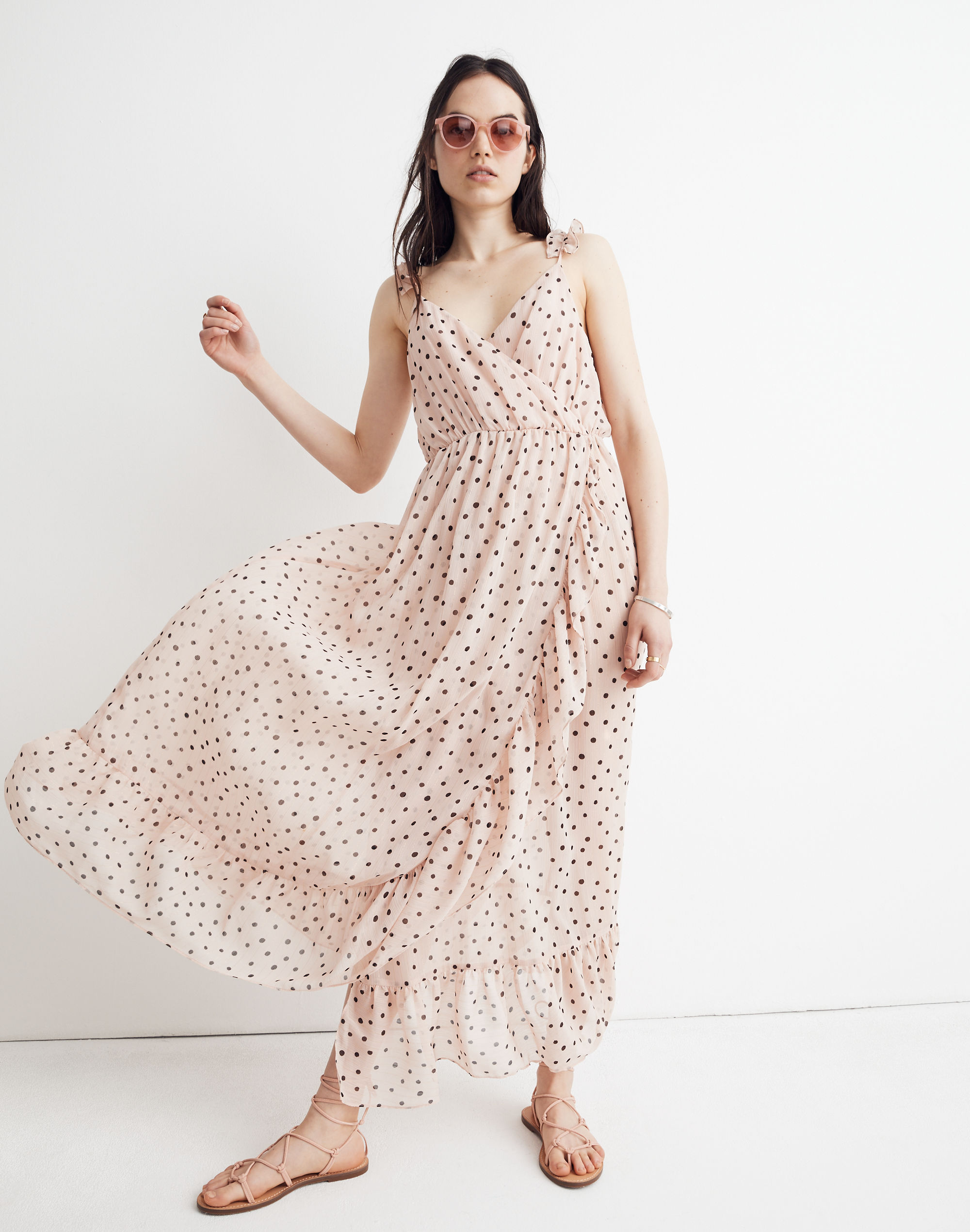 ruffle-strap wrap dress in inkspot dots
