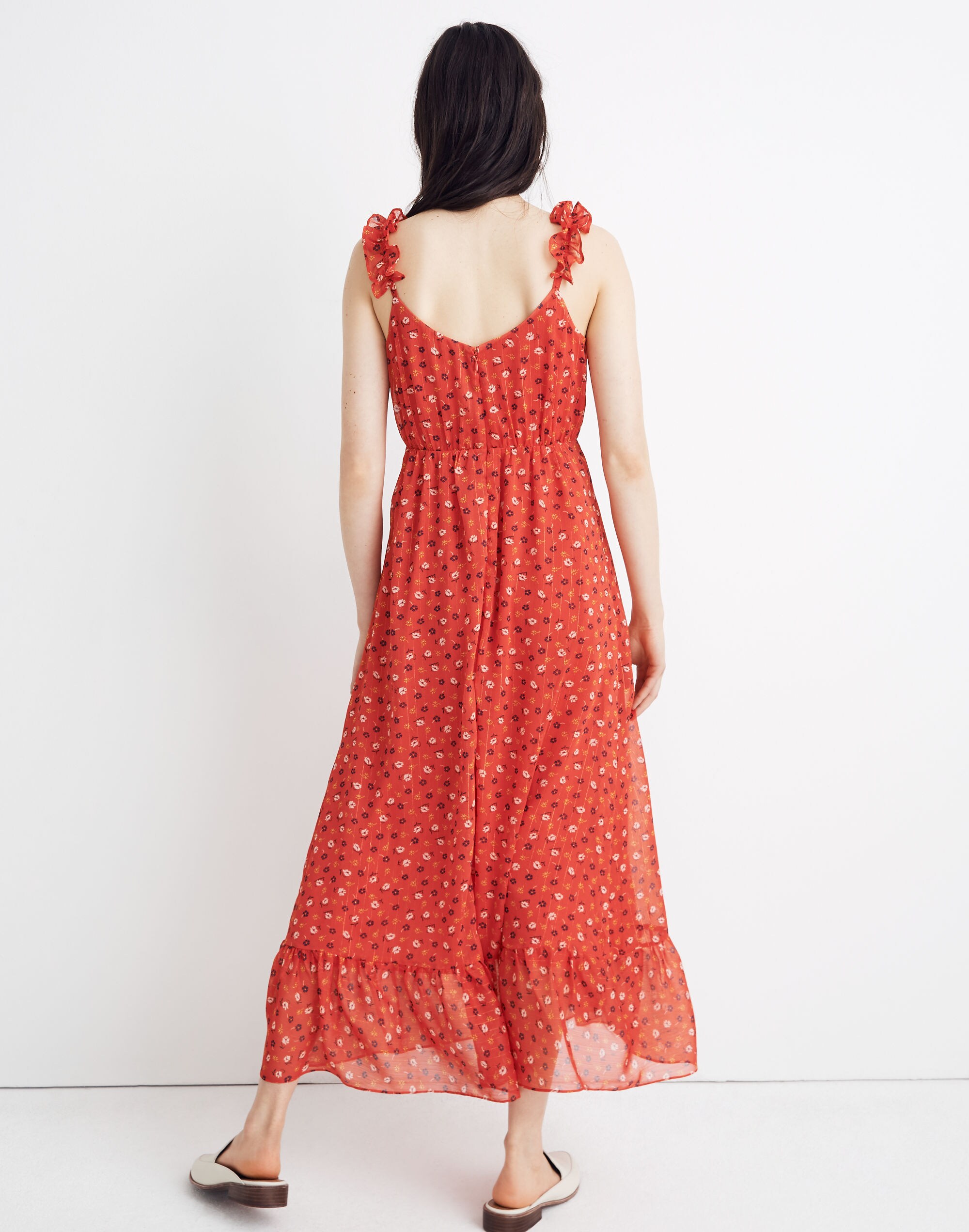 Ruffle-Strap Wrap Dress in Metallic-Striped Prairie Posies