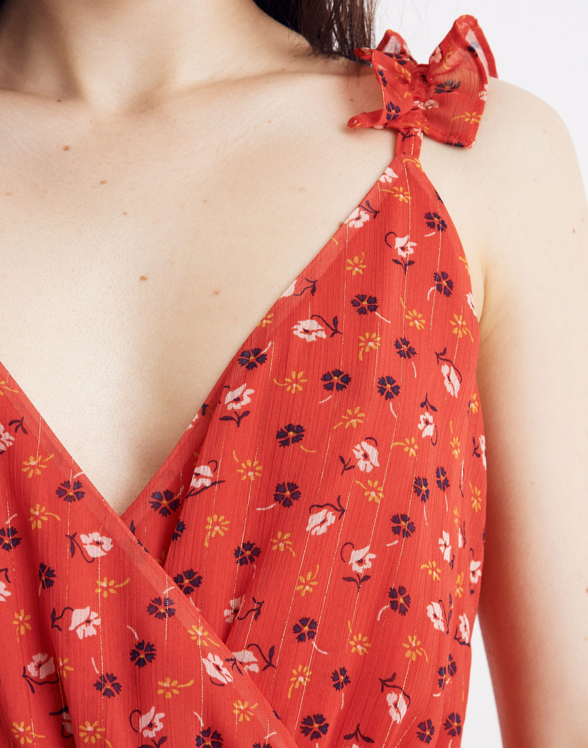 Ruffle-Strap Wrap Dress in Metallic-Striped Prairie Posies