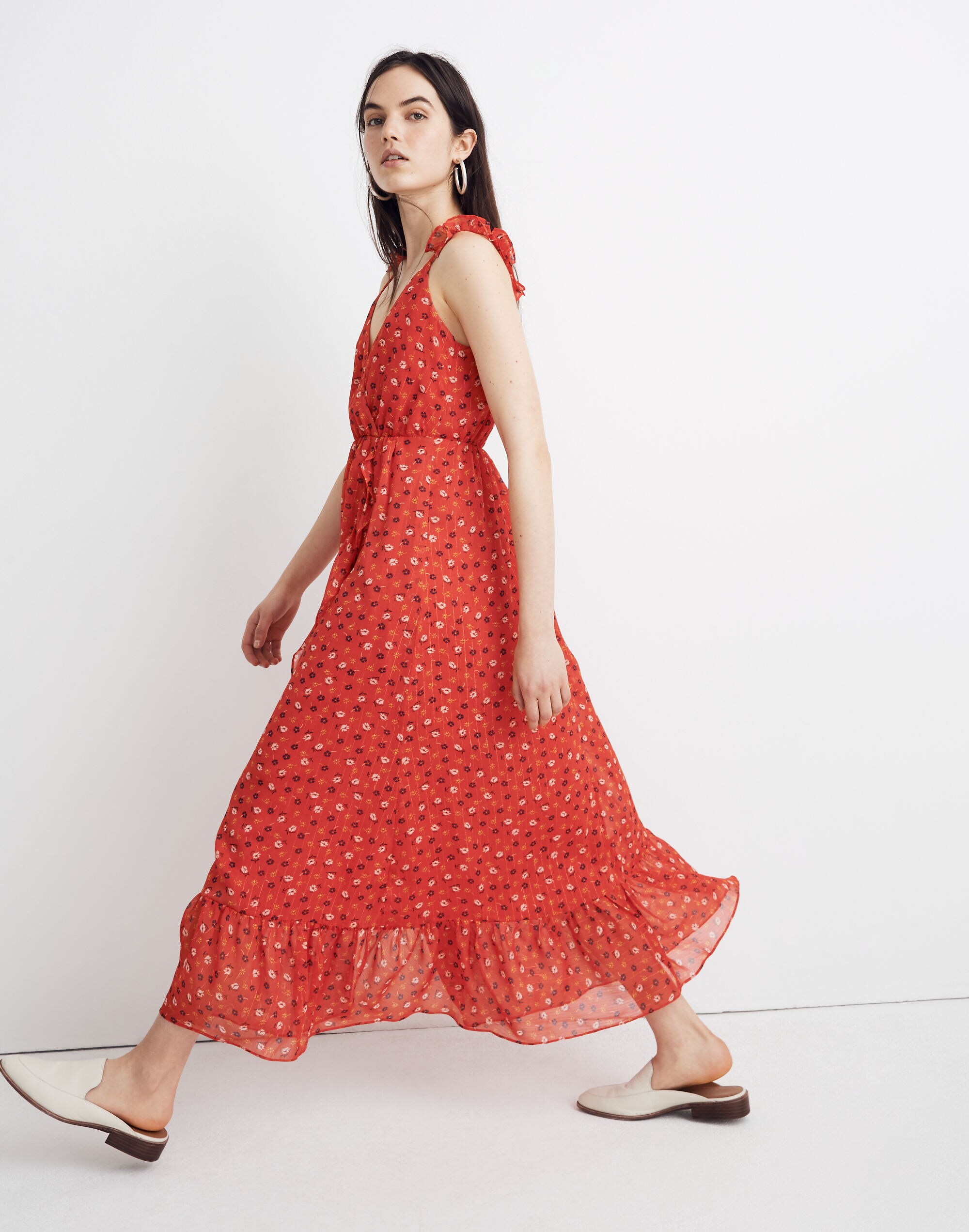 Ruffle-Strap Wrap Dress in Metallic-Striped Prairie Posies