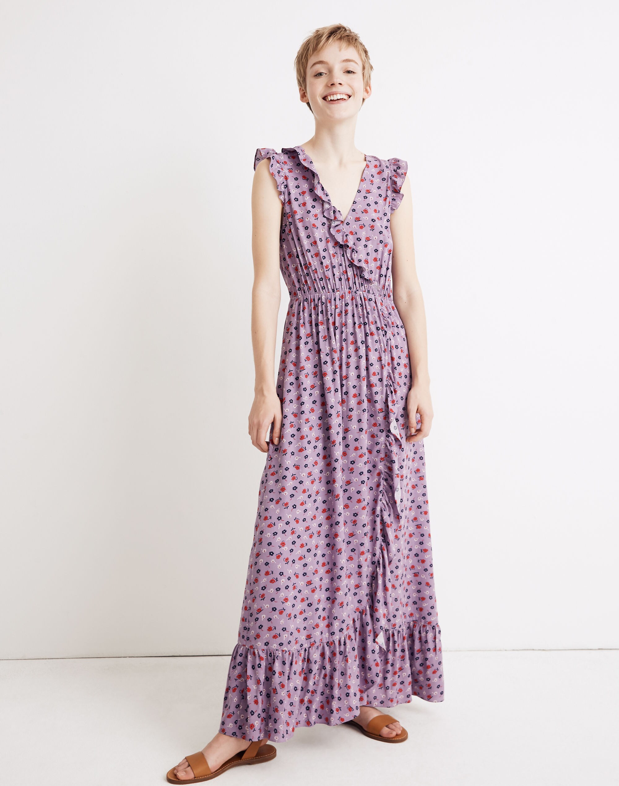 Ruffle-Edged Wrap Maxi Dress in Prairie Posies