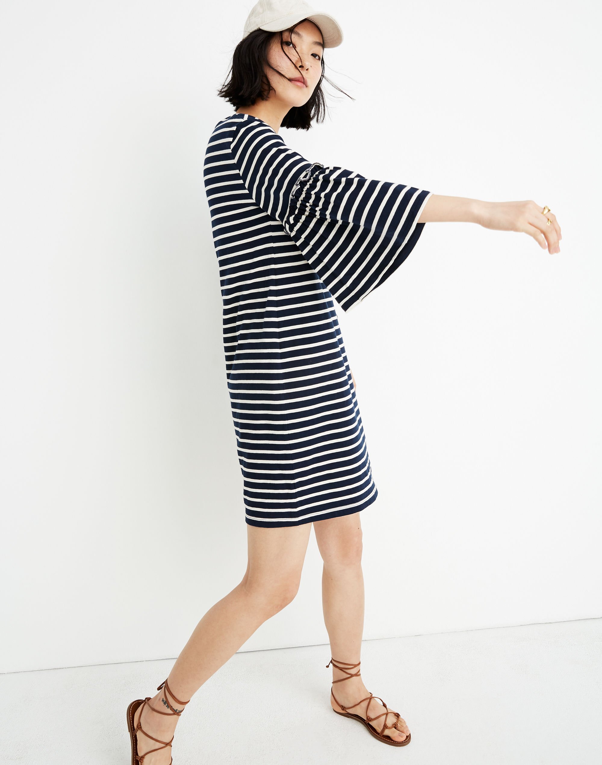 striped ruffle-sleeve dress