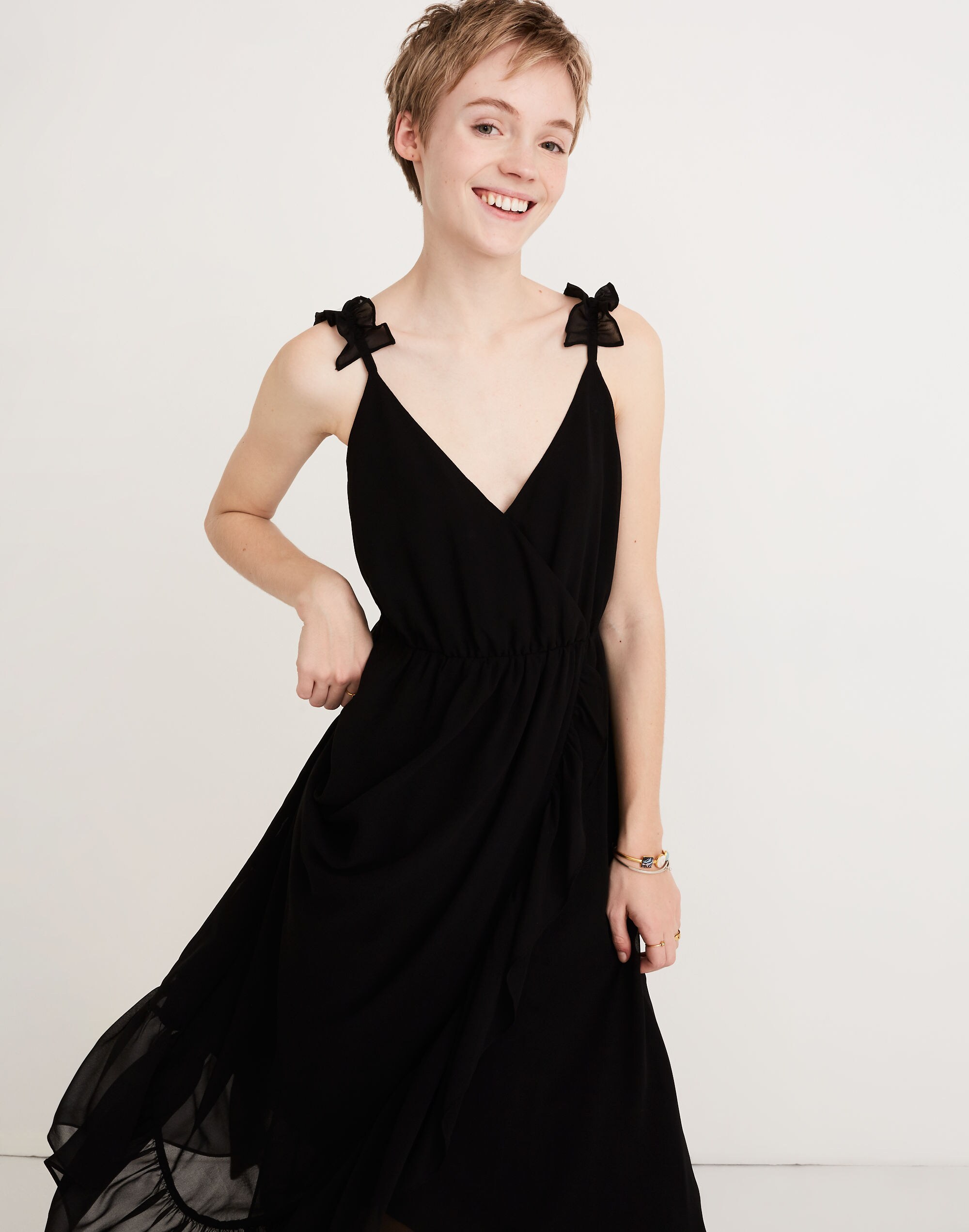 ruffle-strap wrap dress