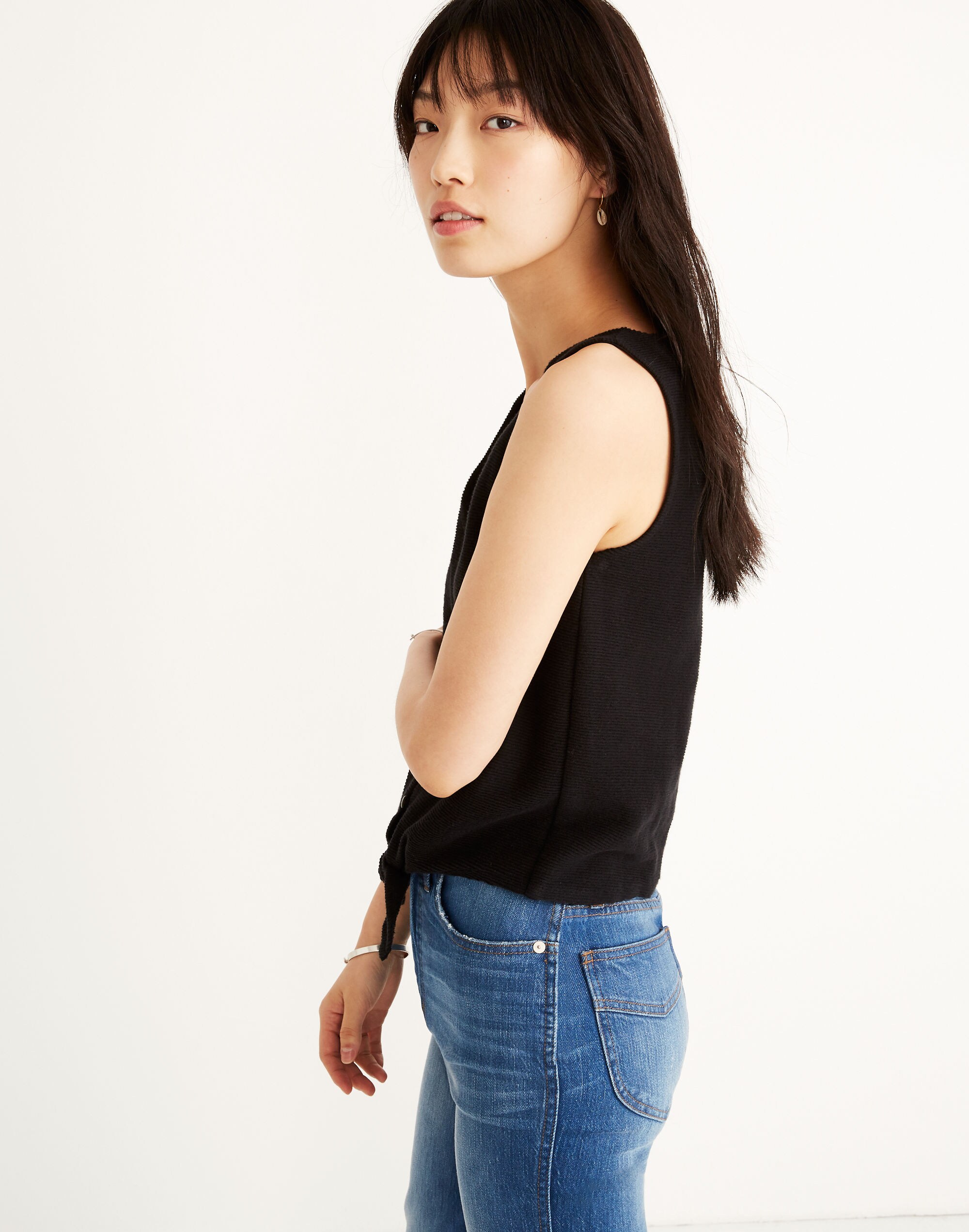 Texture &amp; Thread Button-Front Tie Tank Top